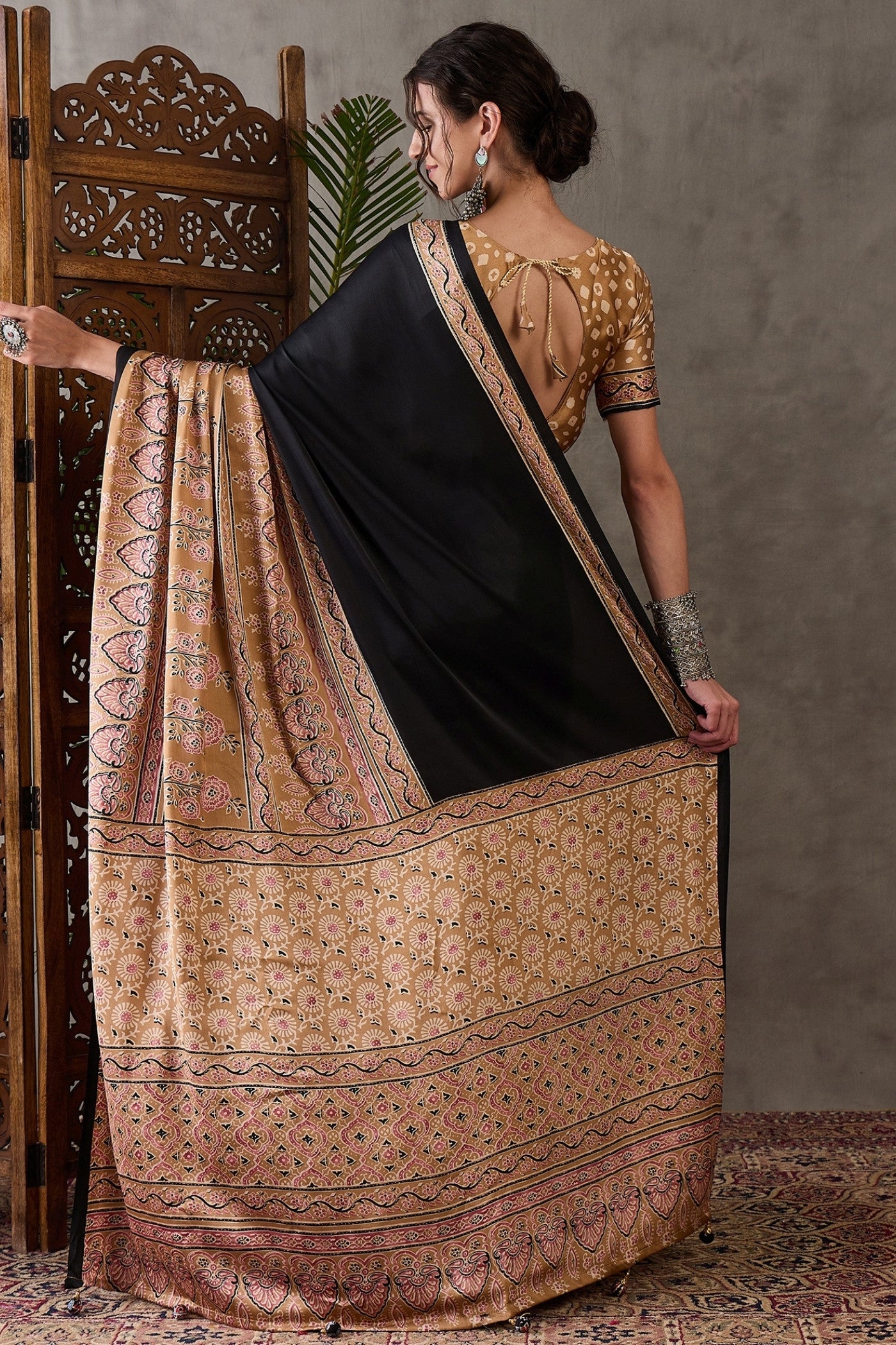 Buy MySilkLove Ebony Black Printed Satin Gaji Silk Saree Online
