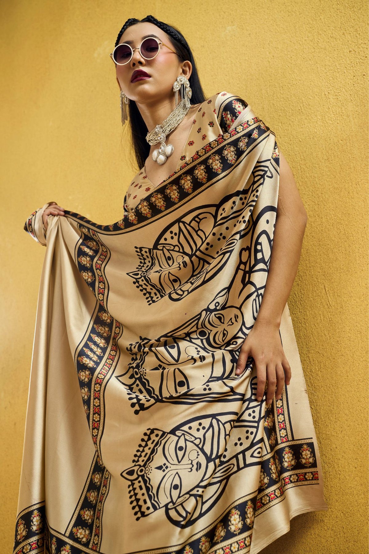 Buy MySilkLove Champagne Cream Modal Ajrakh Satin Printed Silk Saree Online