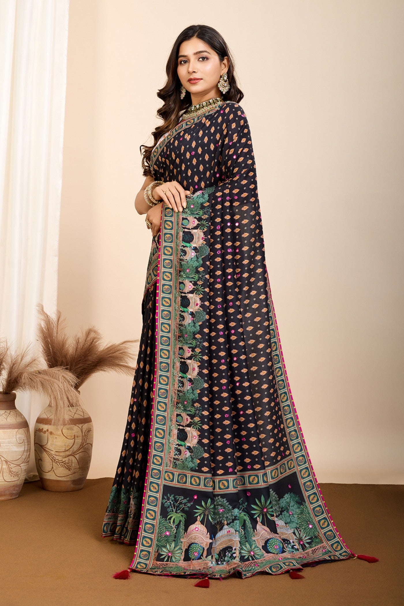 Buy MySilkLove Raven Black Printed Cotton Saree Online