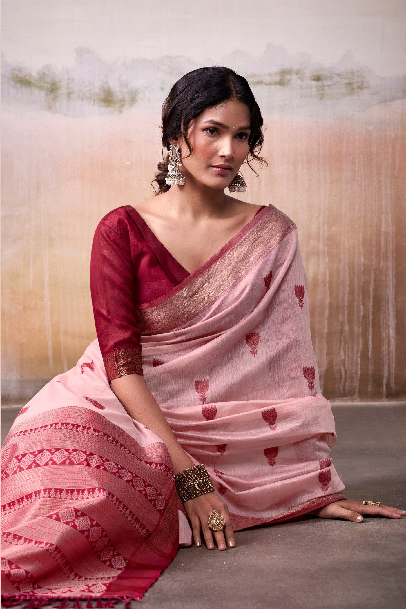 Buy MySilkLove Coral Pink Woven Modal Cotton Saree Online