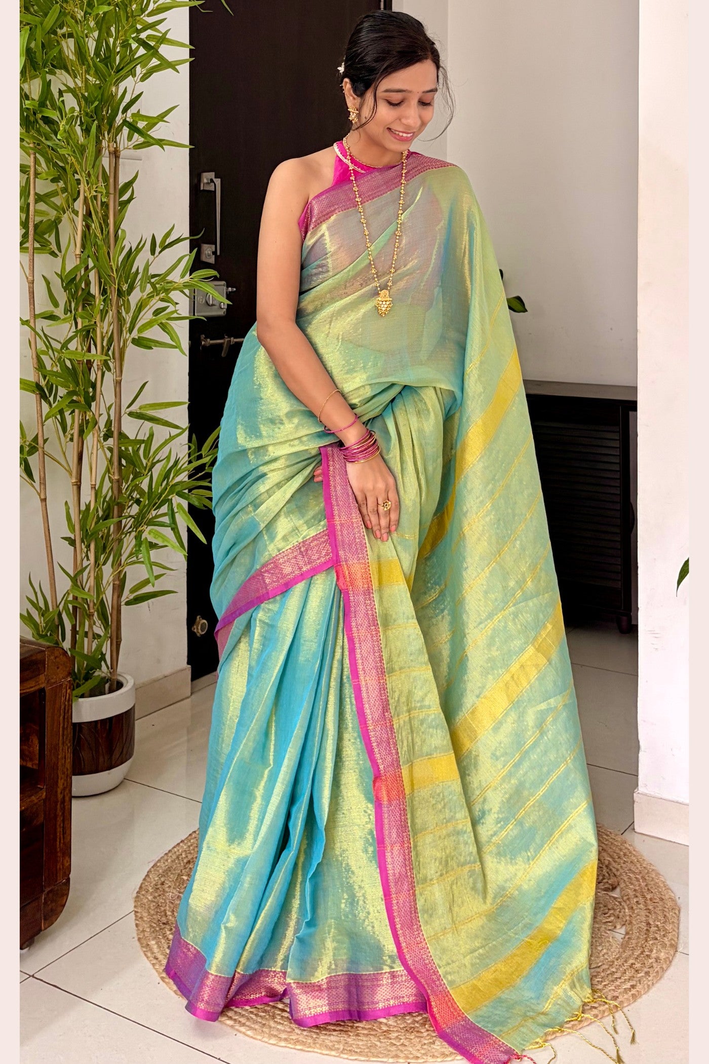 Buy MySilkLove Moss Green Tissue Woven Silk Saree Online