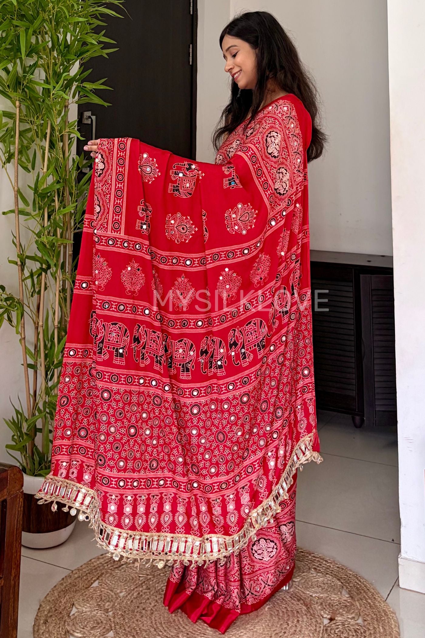 Buy MySilkLove Jam Red Ajrakh Satin Printed Mirror Work Saree Online