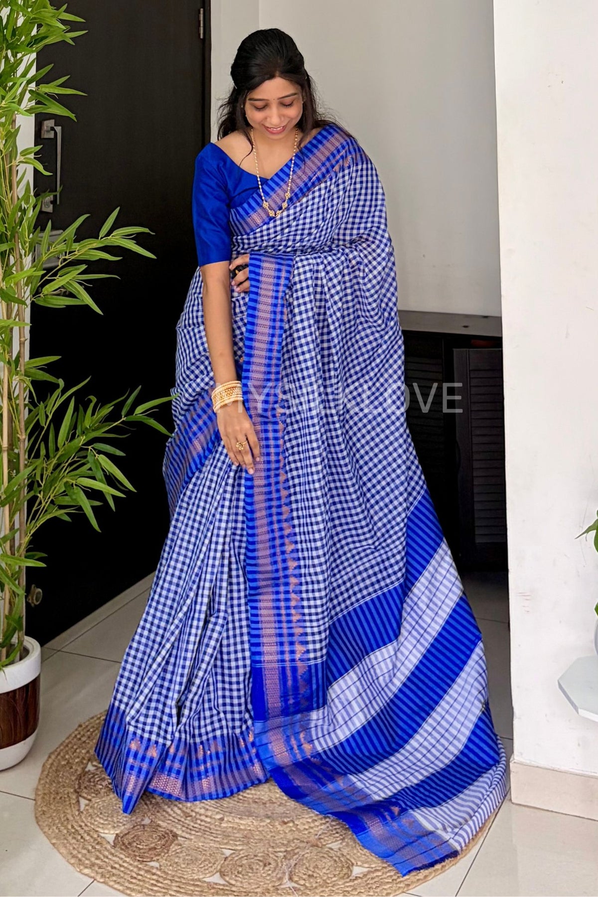 Buy MySilkLove Regal Blue Soft Cotton Check Pattern Irkal Saree Online