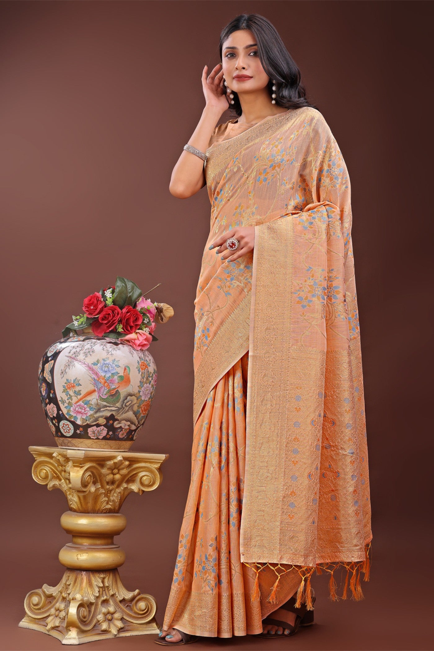 Buy MySilkLove Rustic Orange Linen Cotton Saree Online