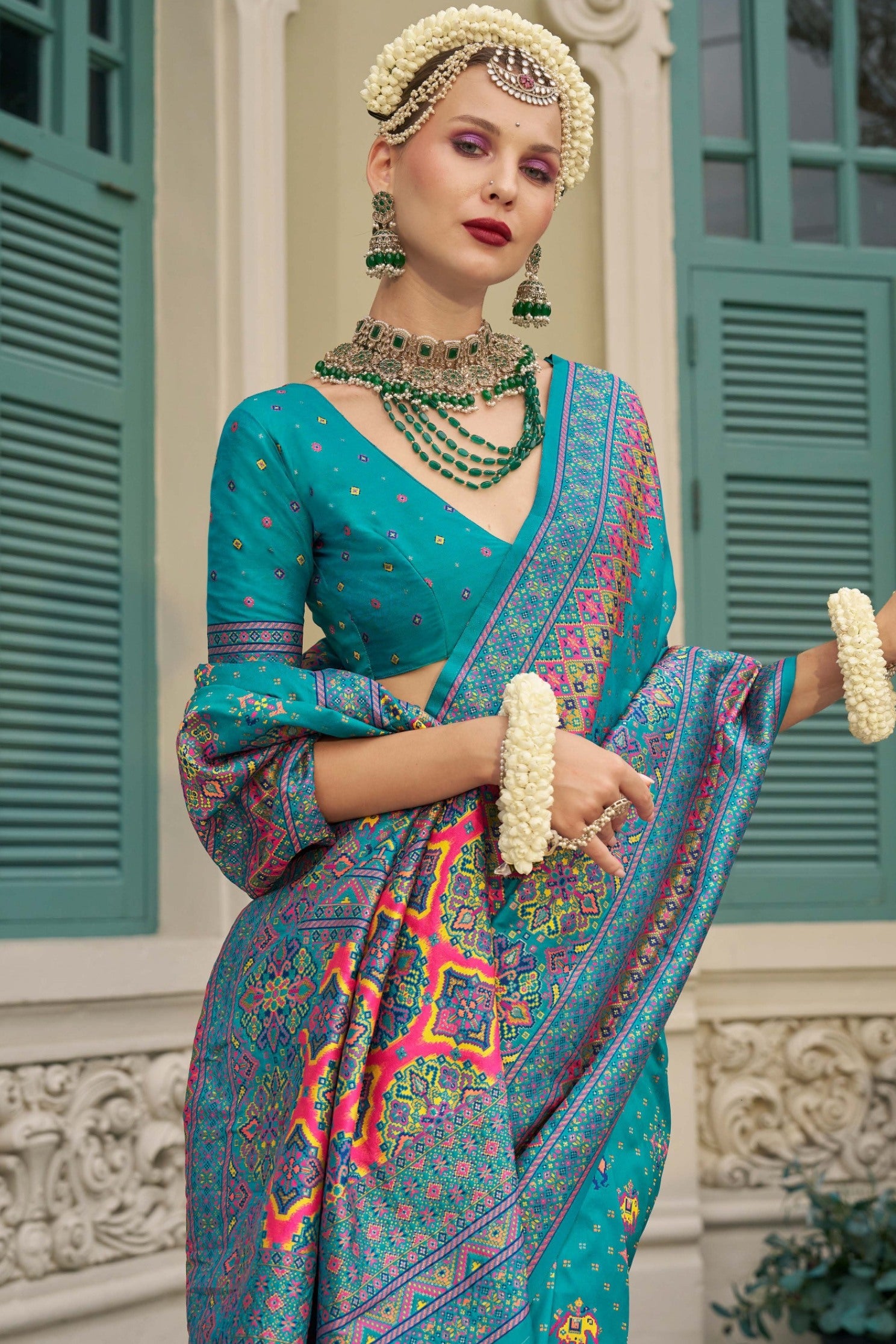 Buy MySilkLove Boston Blue Blue Printed Kashmiri Jamewar Silk Saree Online