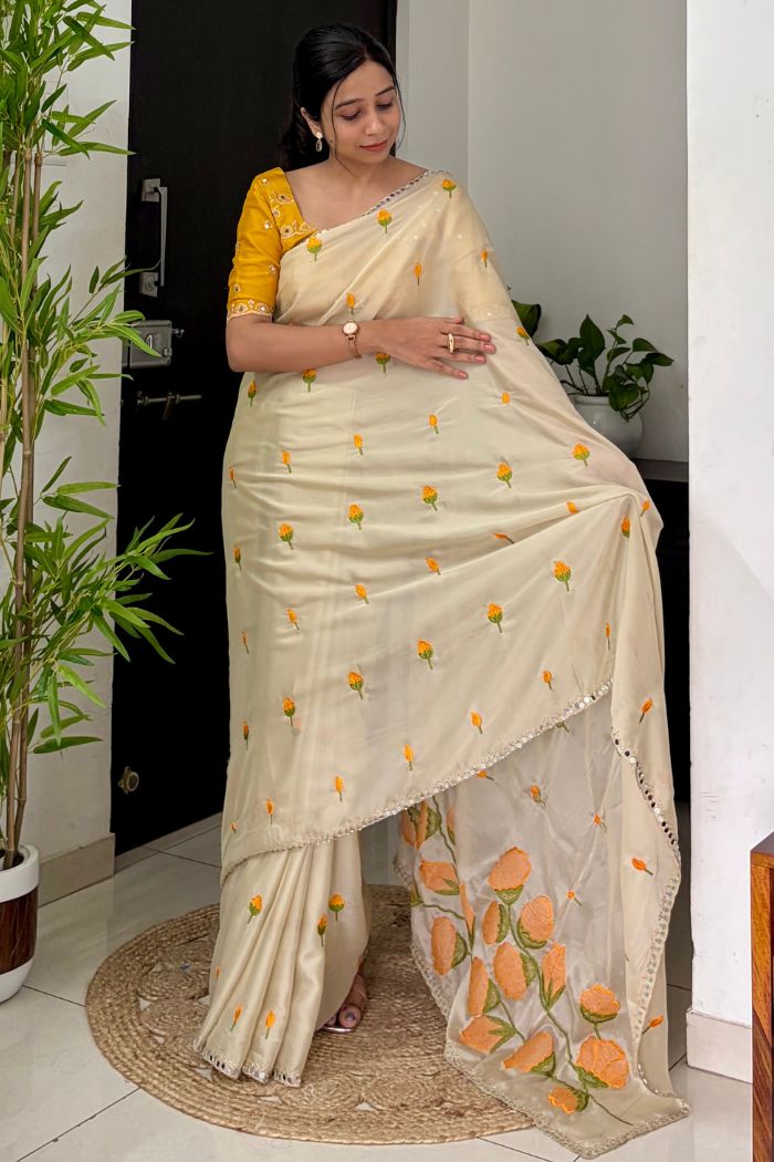 MySilkLove Moonlit Cream and Yellow Embroidery Chiffon Floral Saree with Mirror Work