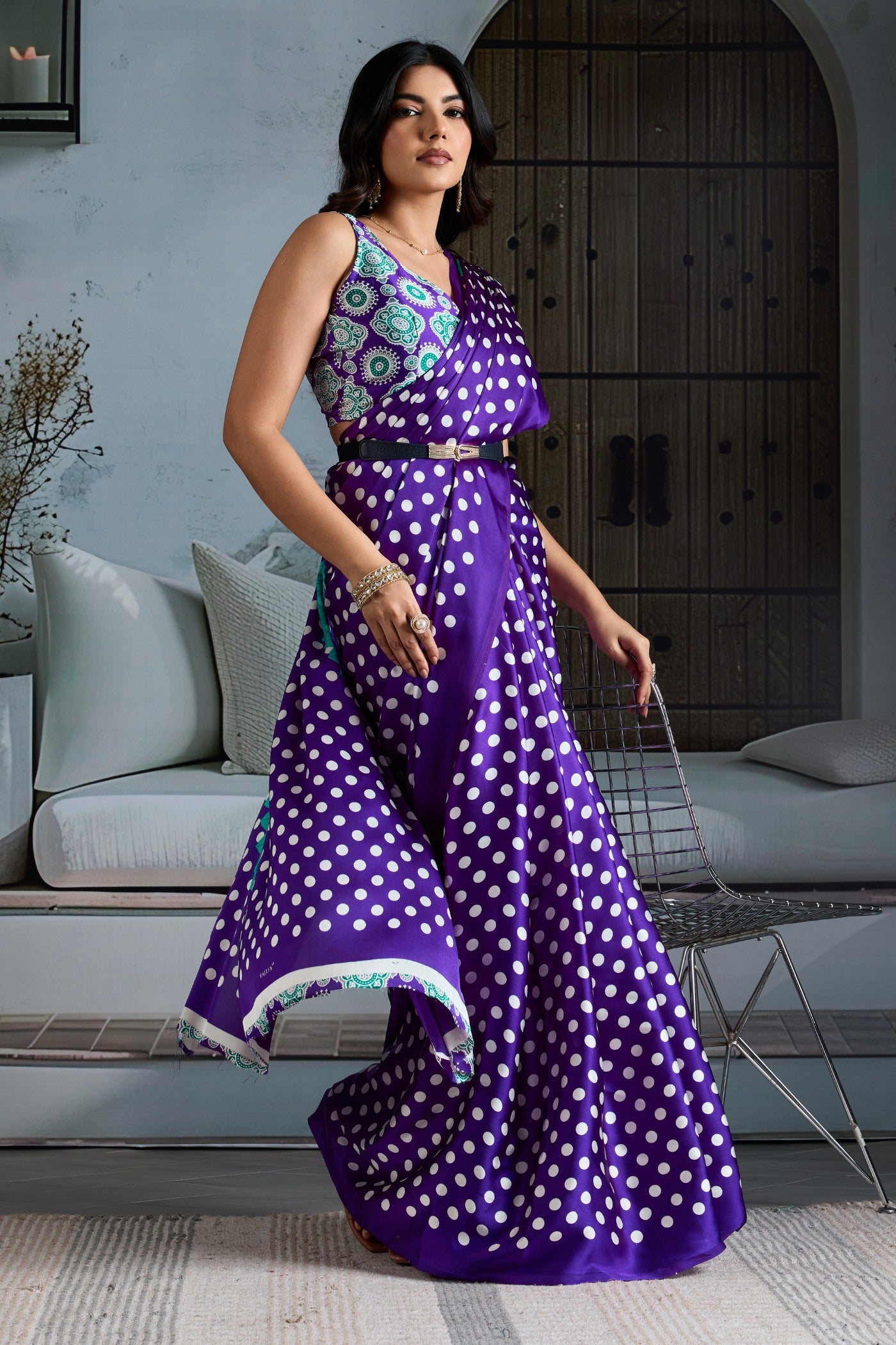 Buy MySilkLove Bondi Blue Printed Polka Dots Satin Crepe Saree Online