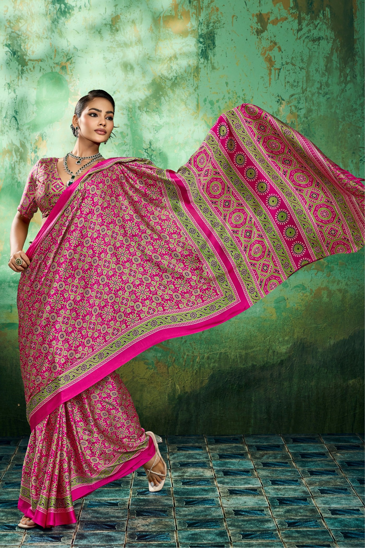 Buy MySilkLove Paradise Pink Modal Ajrakh Satin Printed Silk Saree Online