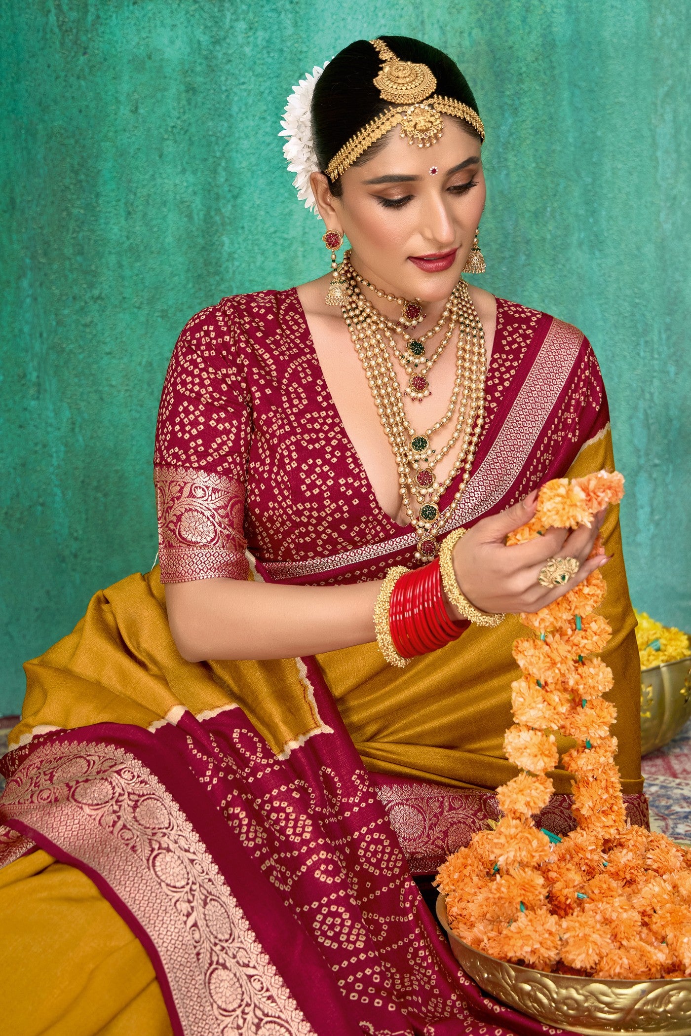 MySilkLove Mustard Yellow Tussar Bandhani Silk Saree