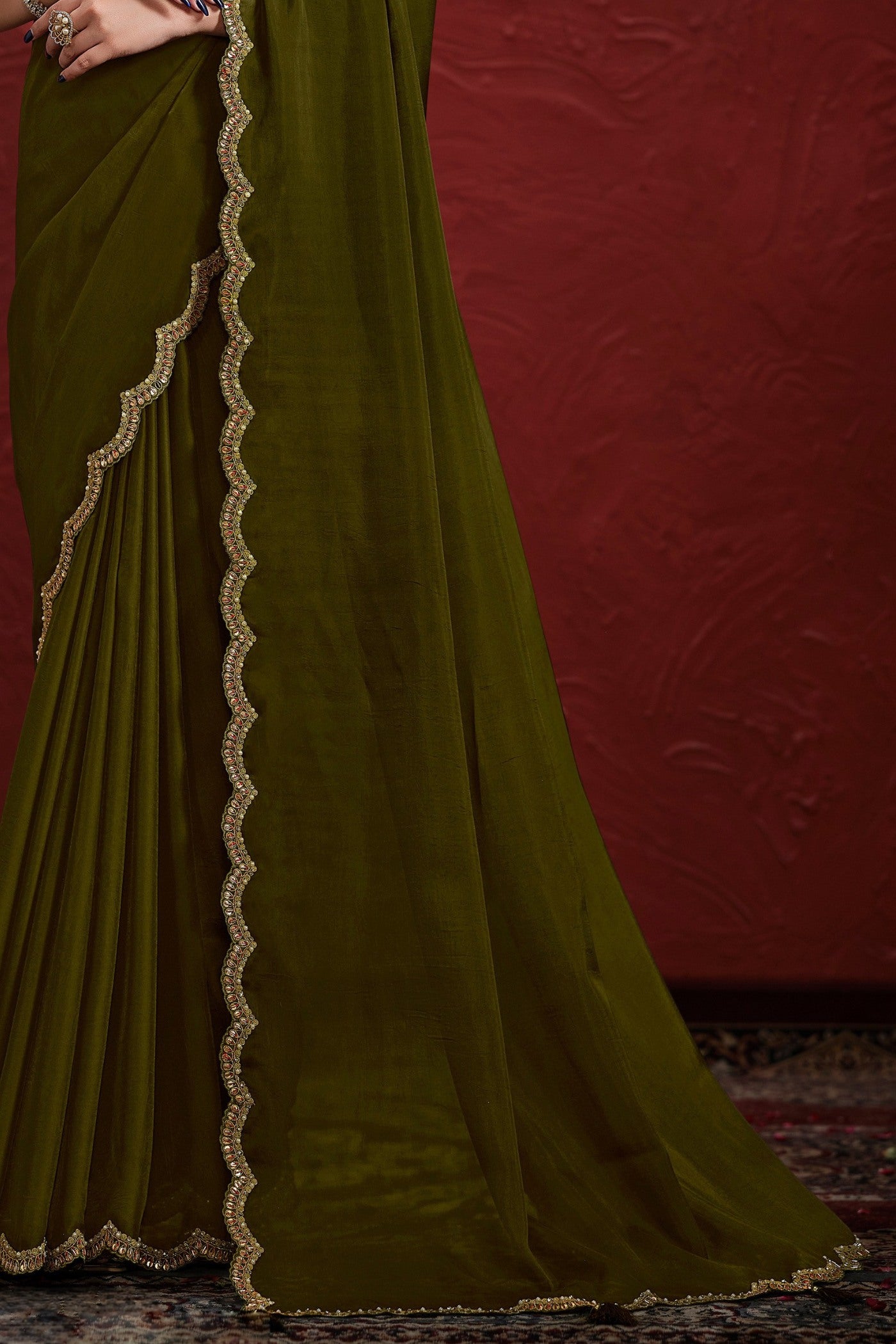 Buy MySilkLove Verdun Green Georgette Saree with Stitched Blouse Online