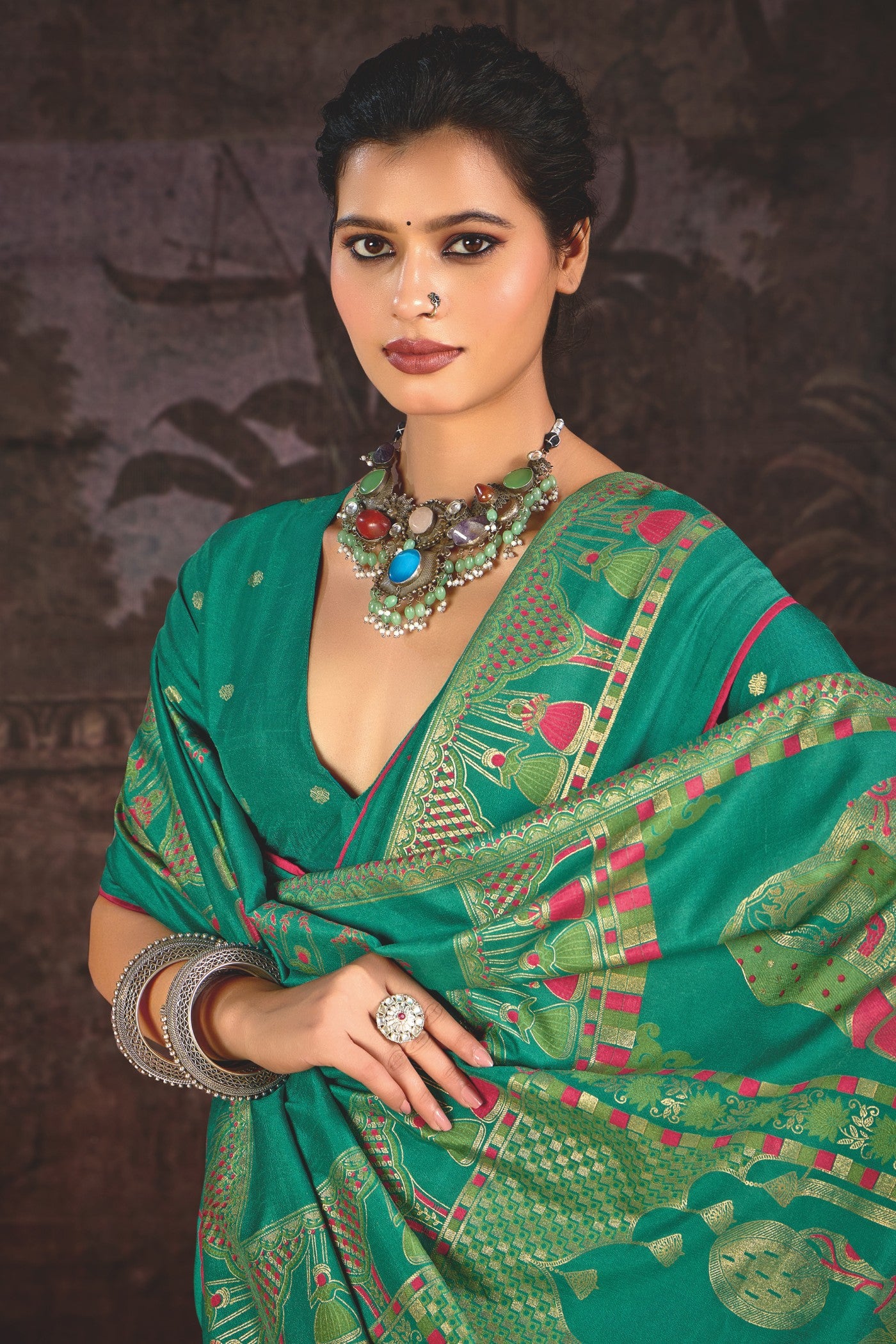 Buy MySilkLove Teal Green Tussar Rajwadi Printed Silk Saree Online