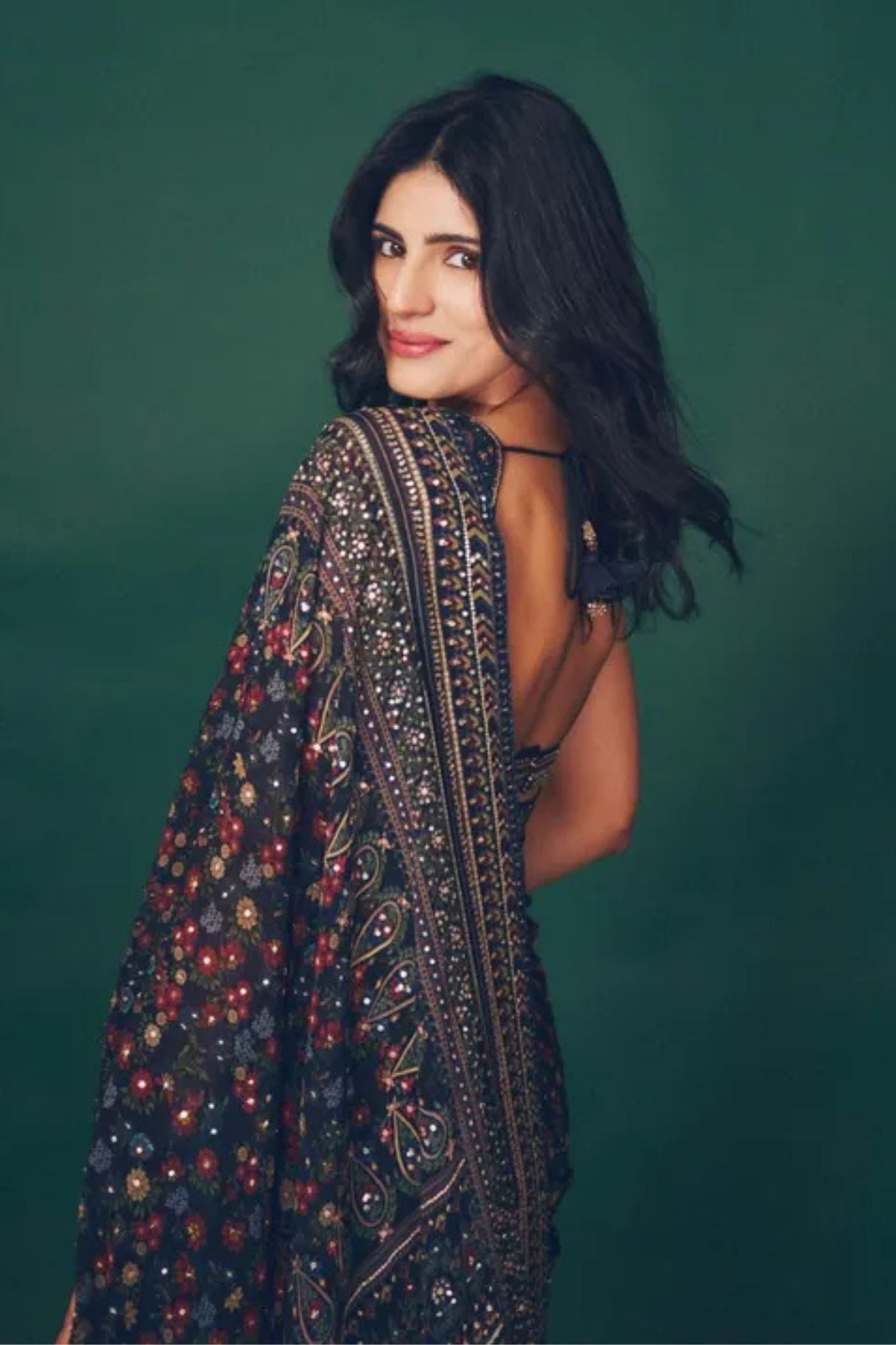 Buy MySilkLove Velvet Blue Georgette Ajrakh Printed Embroidered Saree Online