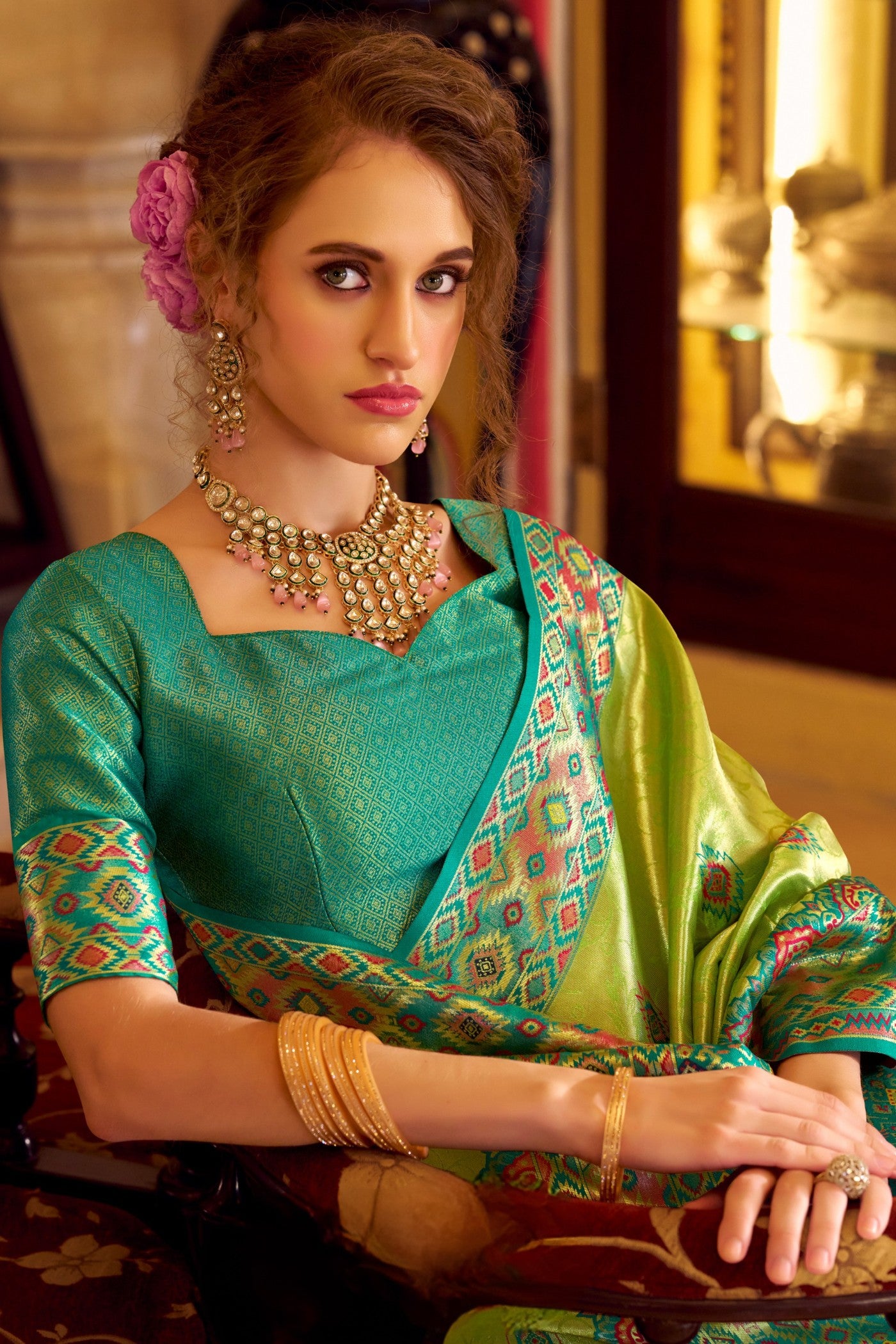 Buy MySilkLove Celedon Green Woven Tissue Patola Silk Saree Online