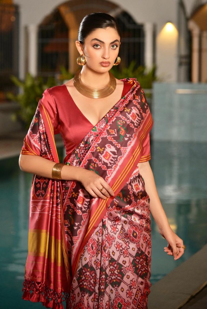 Buy MySilkLove Peony Pink Printed Patola Soft Silk Saree Online