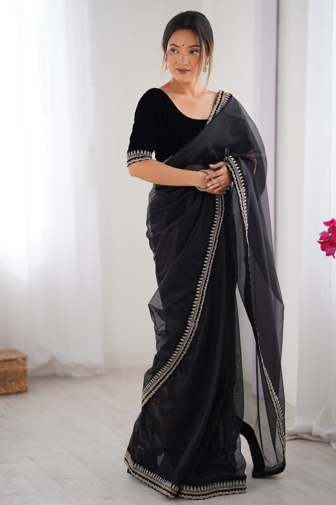 Buy MySilkLove Meatal Black Partywear Net Saree Online
