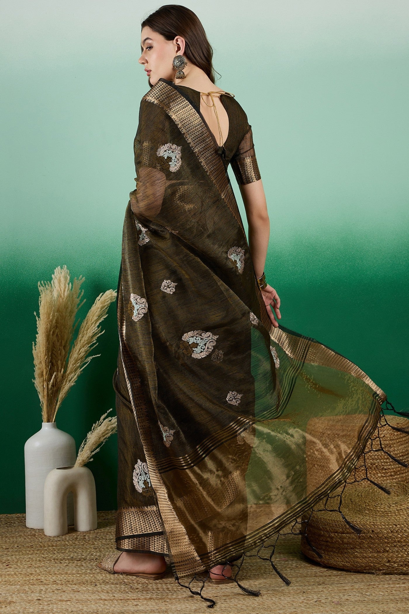 Buy MySilkLove Mehndi Green Organza Saree Online