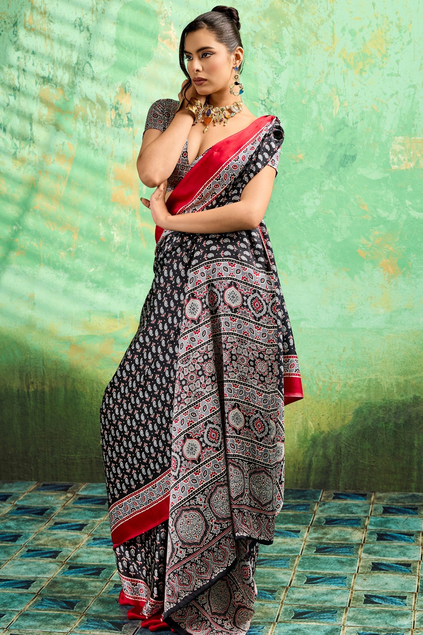 Buy MySilkLove Attractive Black Modal Ajrakh Satin Printed Silk Saree Online