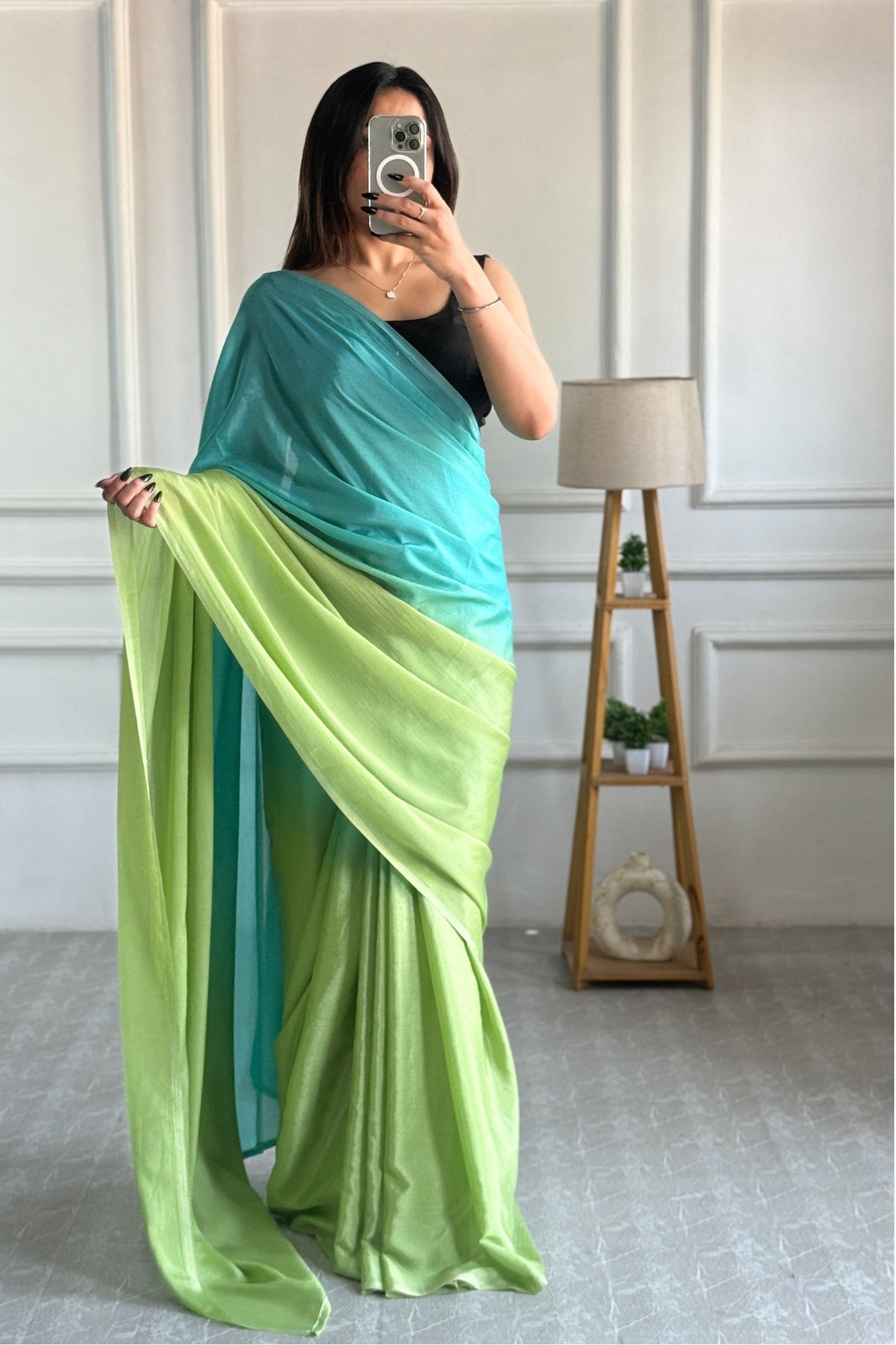 Buy MySilkLove Water Blue and Green Chinon Ready To Wear Saree Online