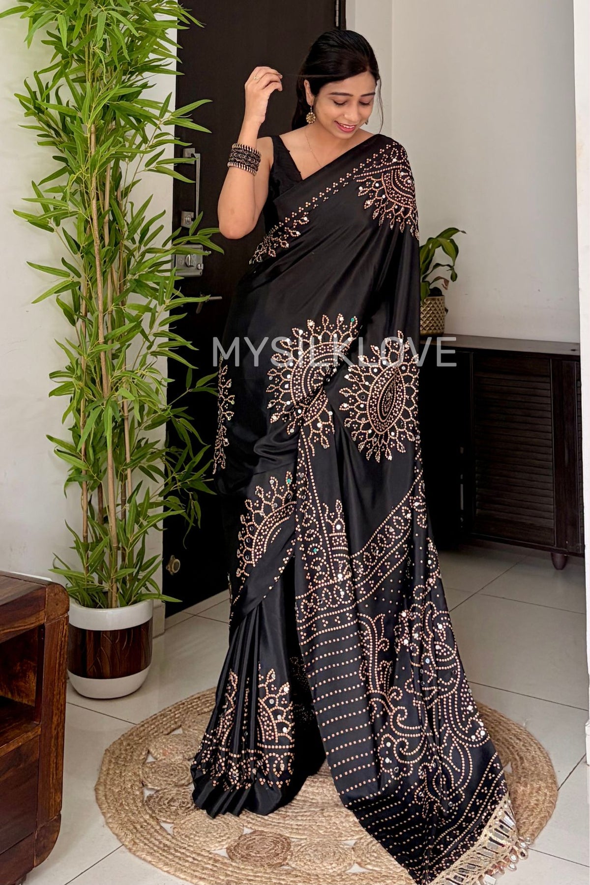 Buy MySilkLove Black Bean Bandhani Gaji Satin Mirror Work Silk Crepe Saree Online