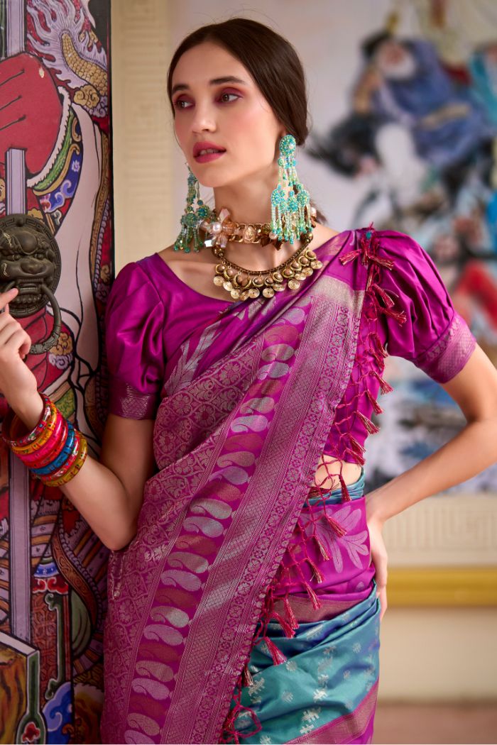 Buy MySilkLove Breaker Bay Blue and Pink Banarasi Soft Silk Saree Online