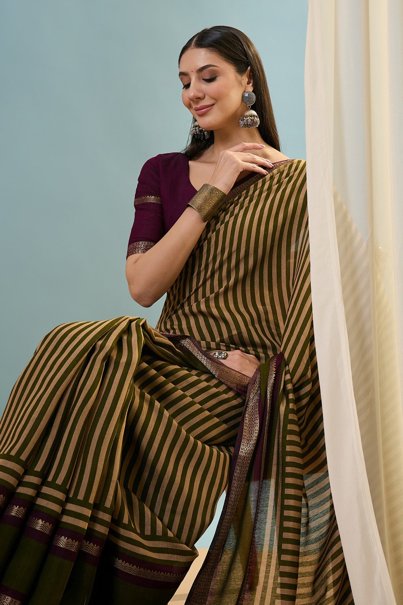 MySilkLove Grass Green Woven Cotton Saree