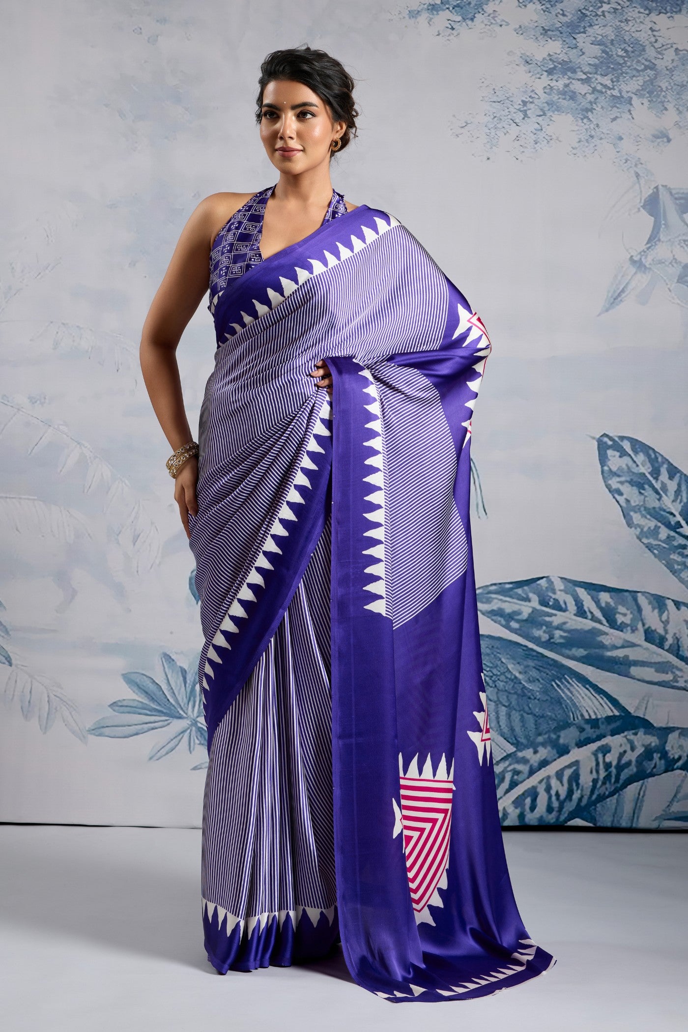Buy MySilkLove Amatista Purple Stripe Ajrakh Printed Satin Crepe Silk Saree Online