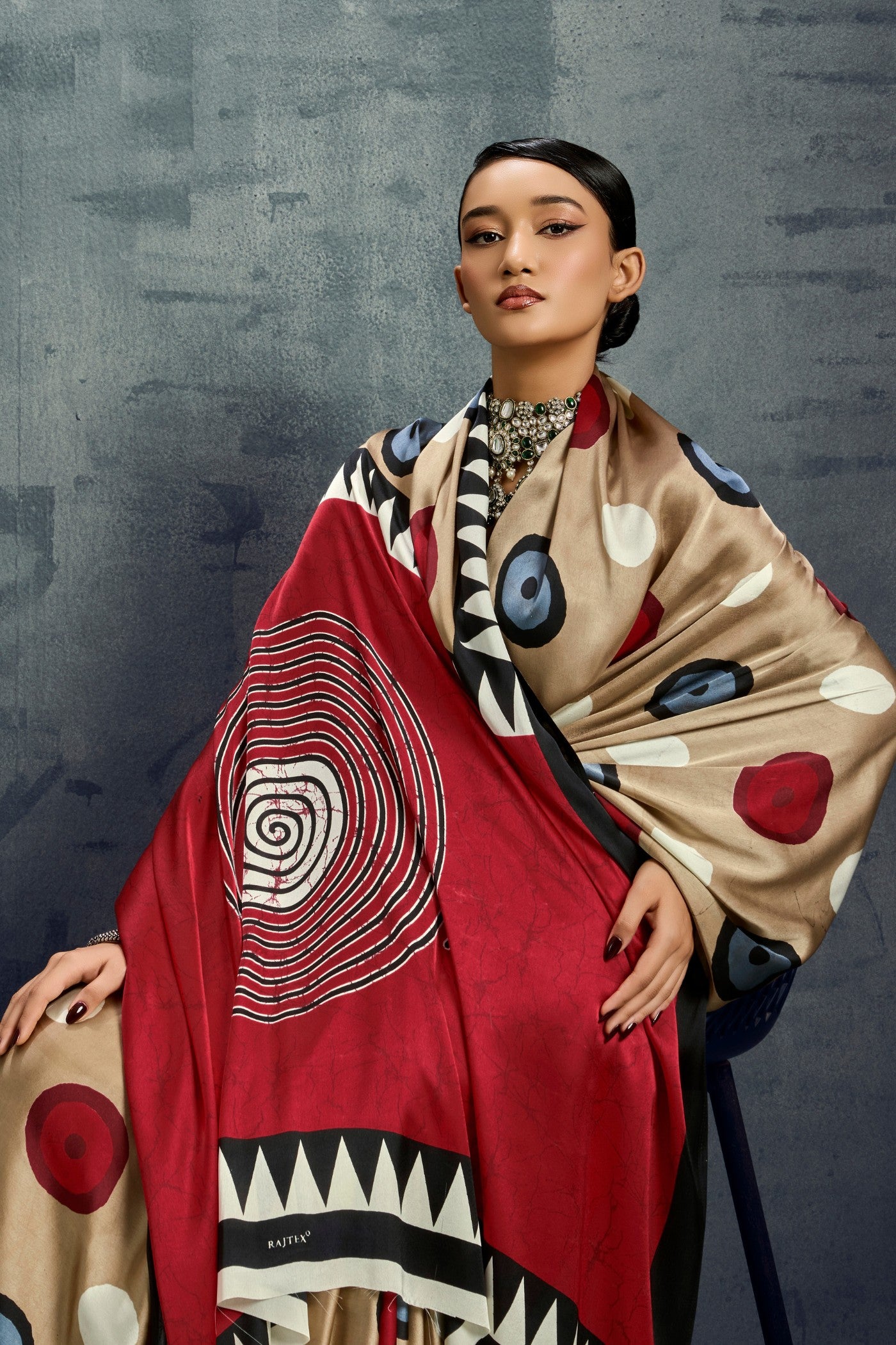 MySilkLove Walnut Brown Ajrakh Printed Satin Crepe Silk Saree