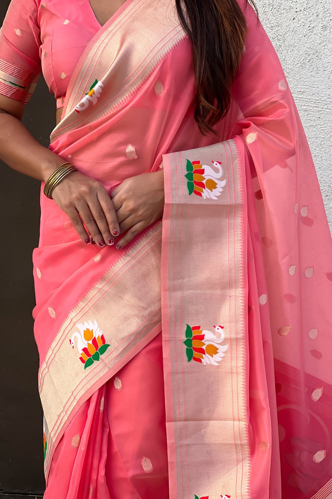 Buy MySilkLove Coral Pink Organza Woven Paithani Saree Online