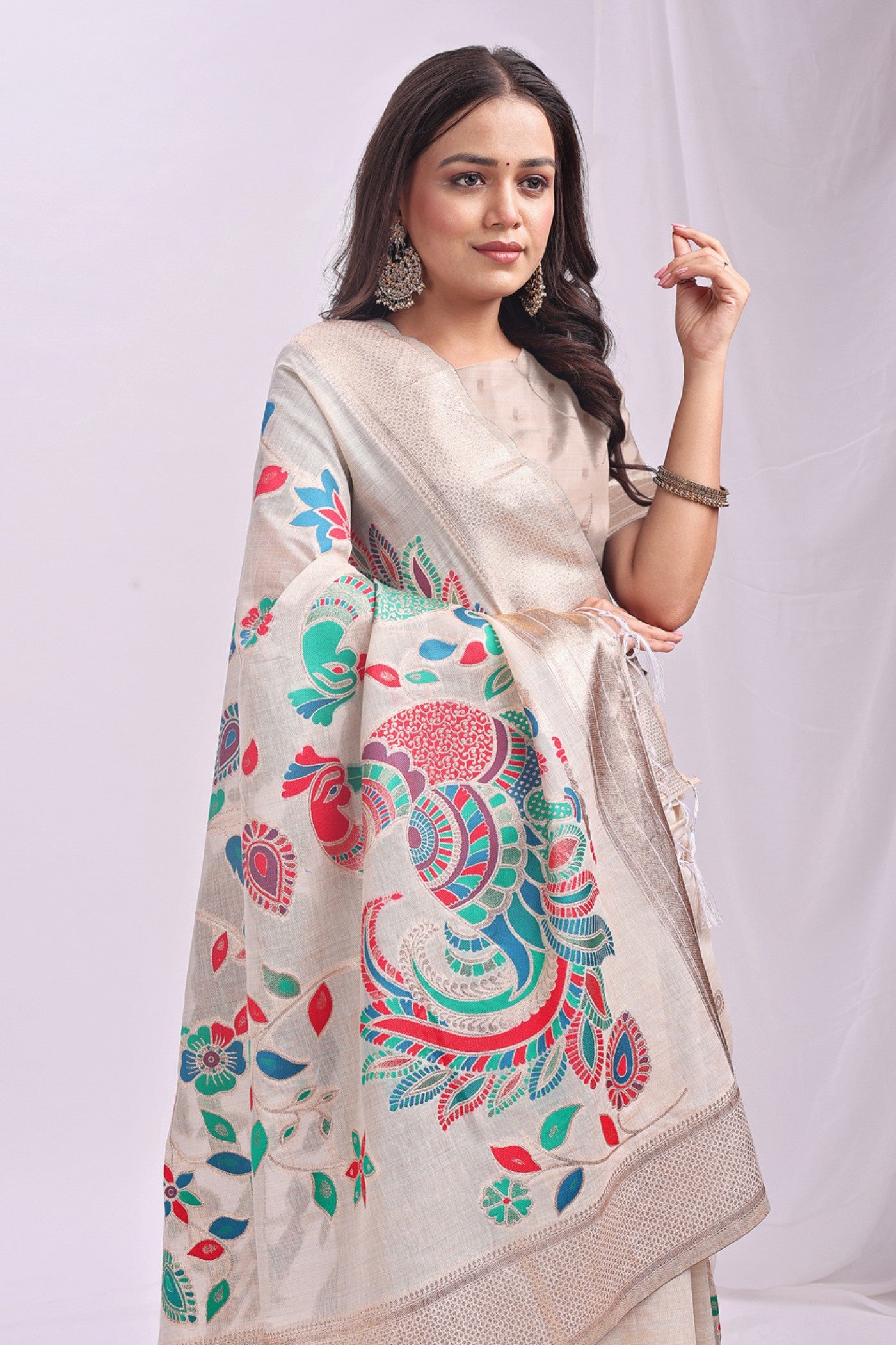 Buy MySilkLove Pearl White Woven Linen Cotton Saree Online