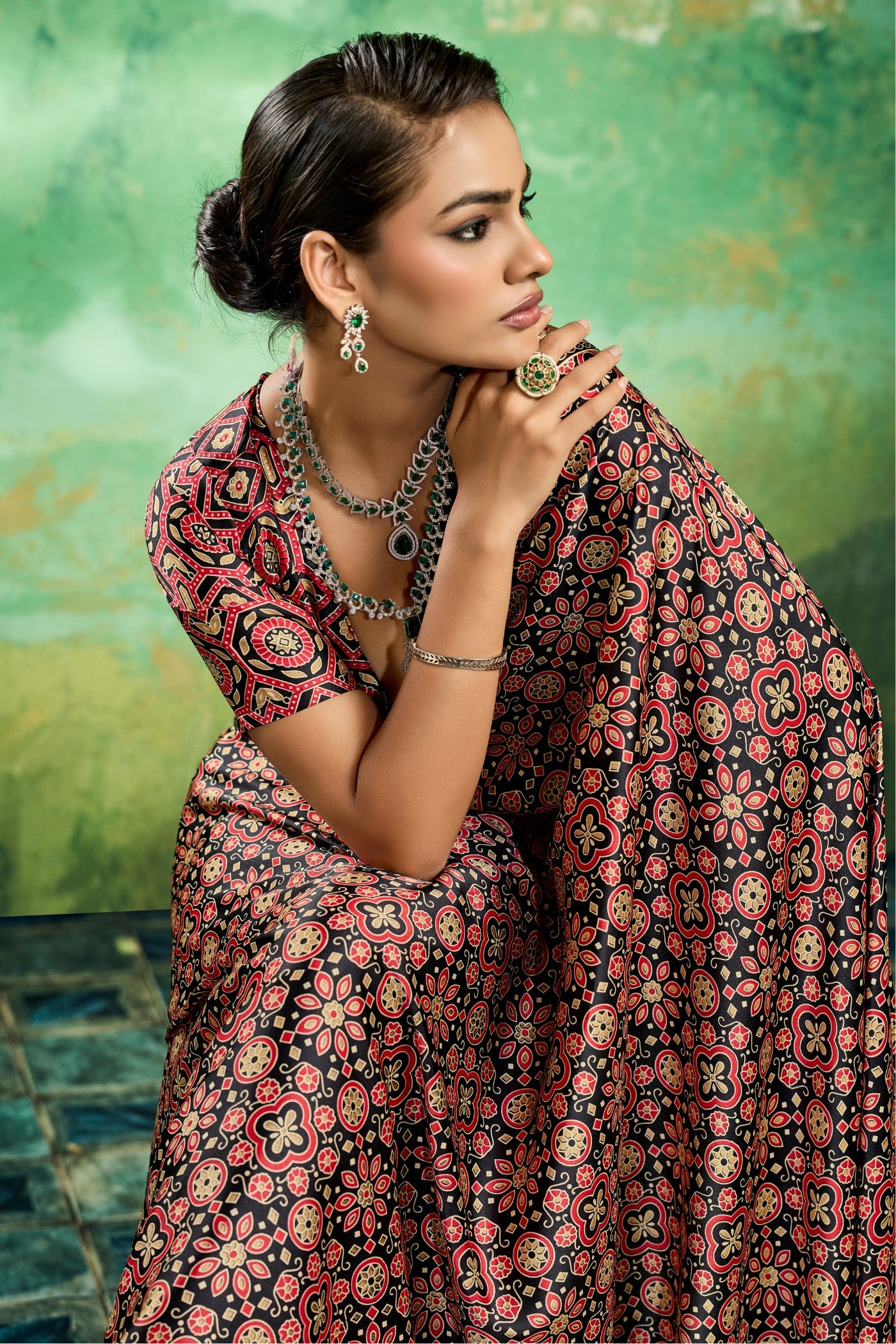 Buy MySilkLove Raven Glow Black Modal Ajrakh Satin Printed Silk Saree Online