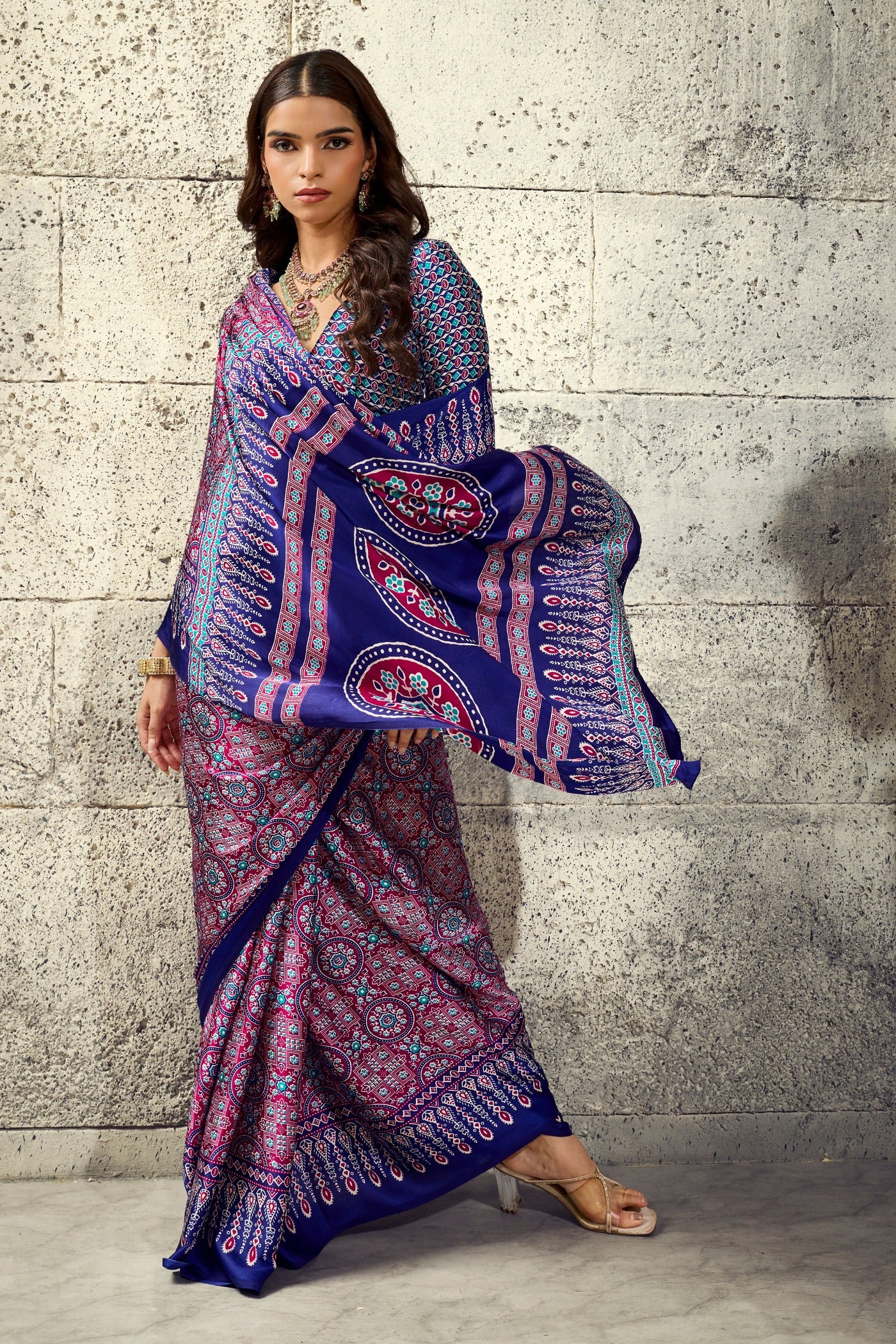 Buy MySilkLove Han Purple Modal Ajrakh Satin Printed Silk Saree Online
