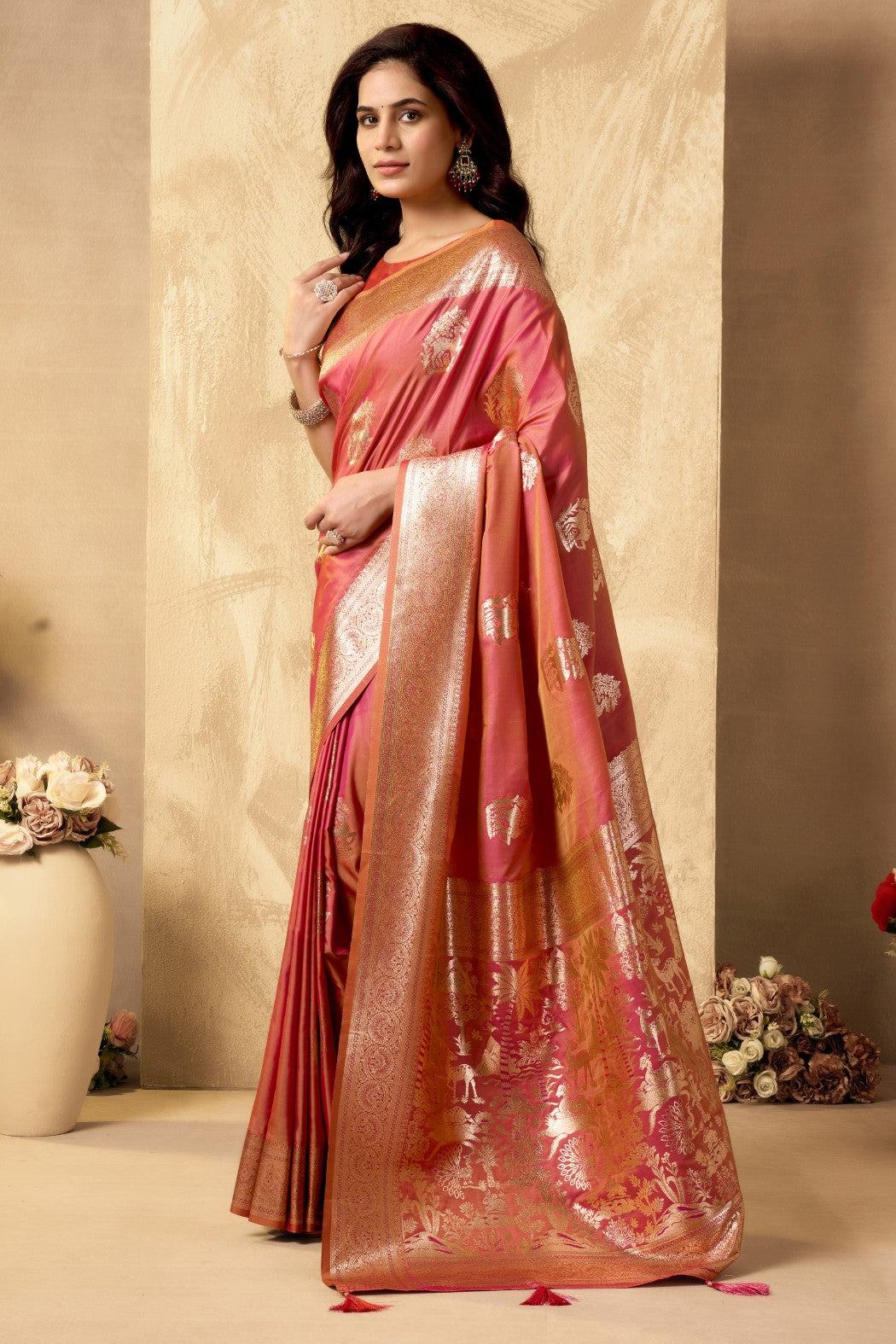 Buy MySilkLove Papaya Peach Woven Banarasi Soft Silk Saree Online