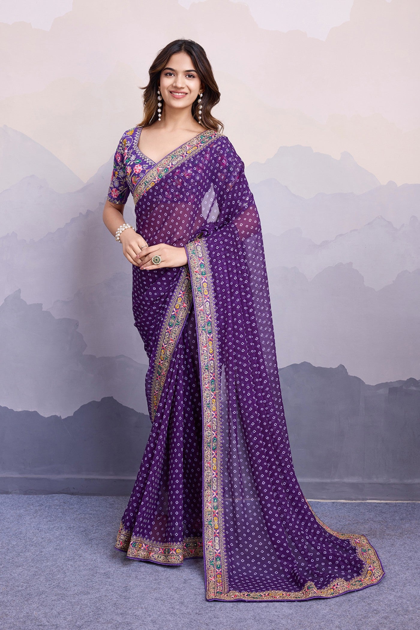 Buy MySilkLove Boston Purple Bandhani Georgette Printed Partywear Saree Online