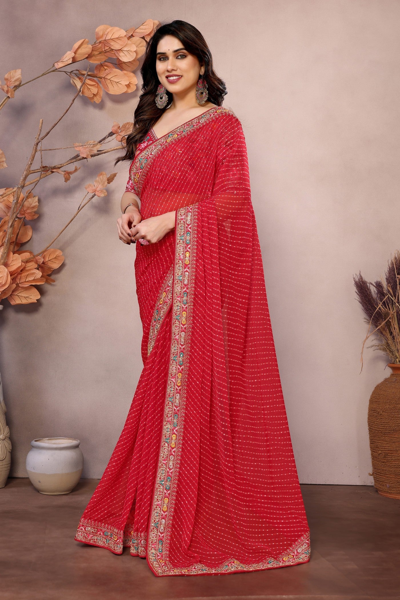 Buy MySilkLove Ruddy Red Georgette Designer Partywear Saree Online