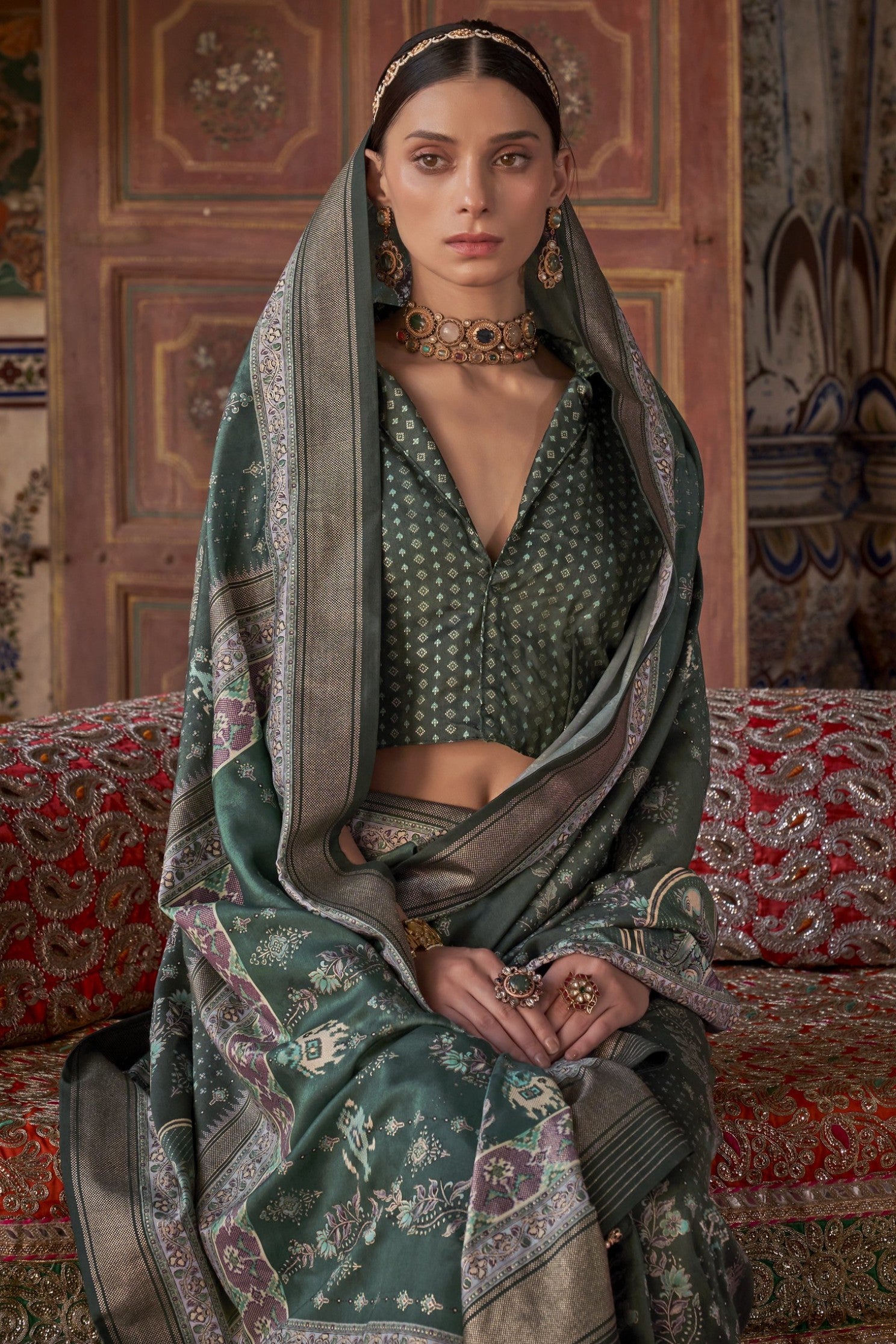 Buy MySilkLove Lunar Green Printed Banarasi Saree Online