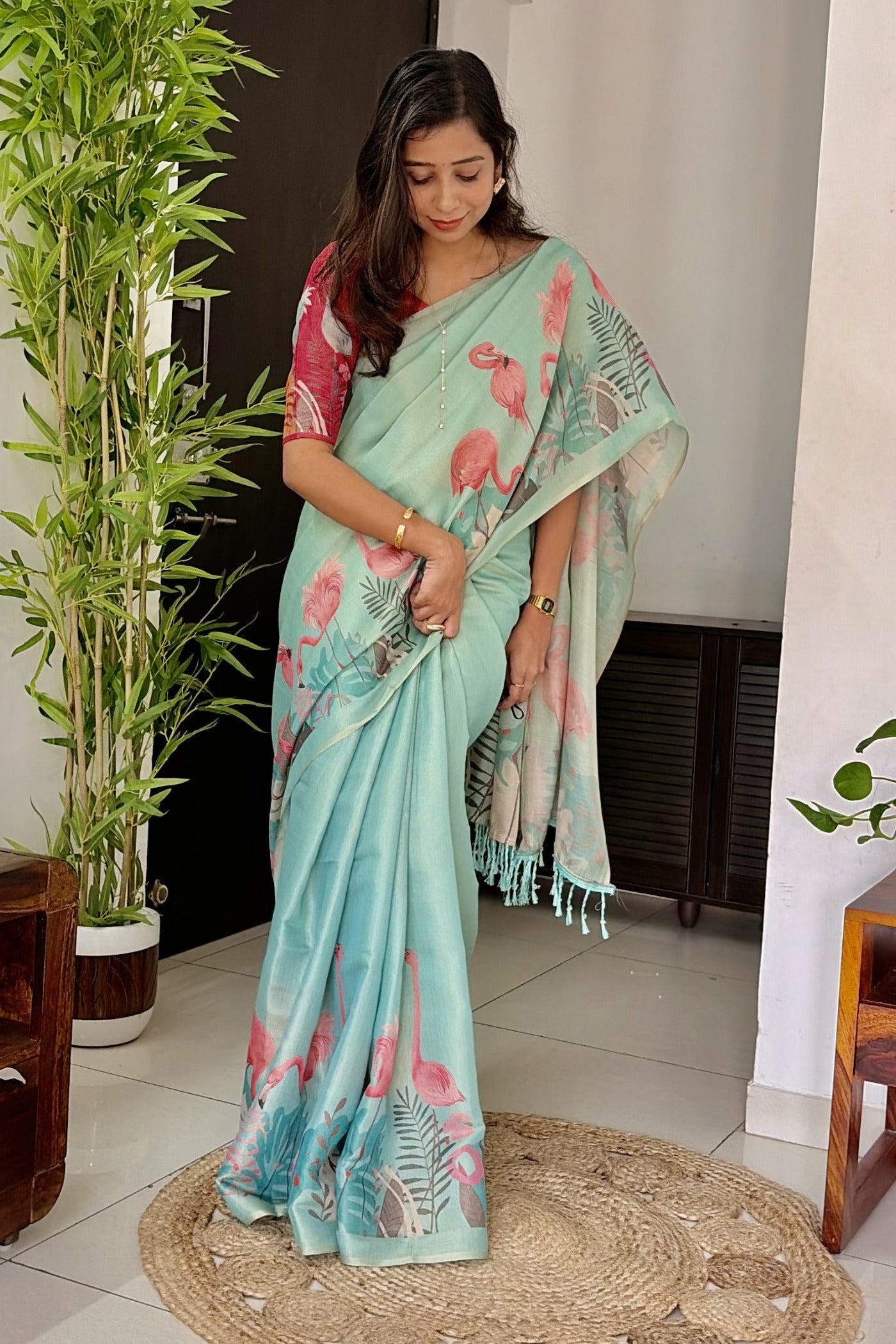 Buy MySilkLove Pastel Blue Printed Linen Saree Online