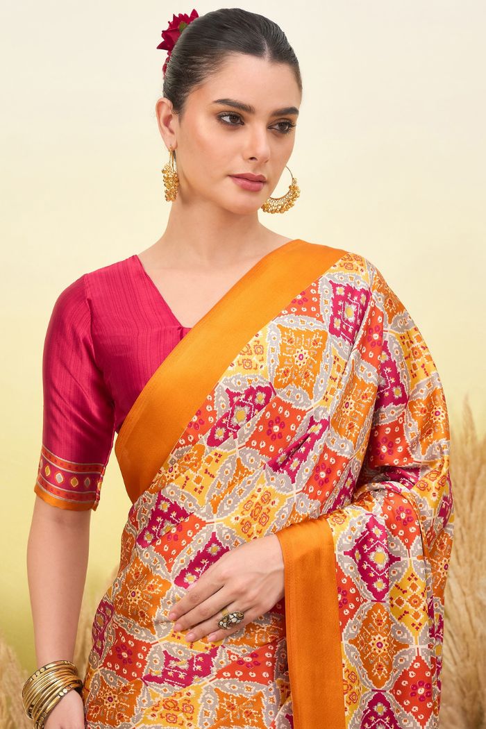 Buy MySilkLove Burnt Yellow Patola Printed Satin Crepe Silk Saree Online