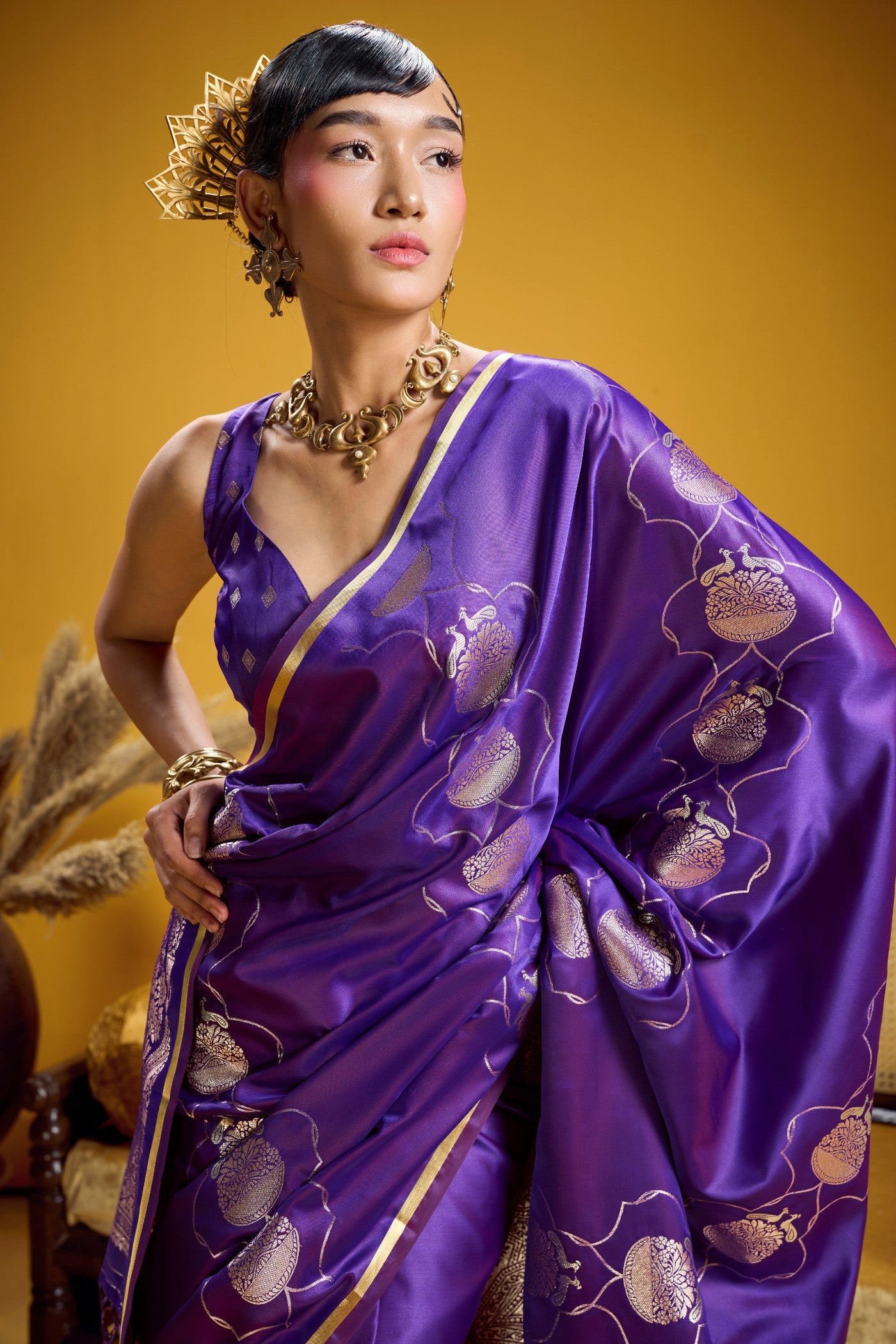 Buy MySilkLove Dark Purple Handloom Satin Silk Saree Online
