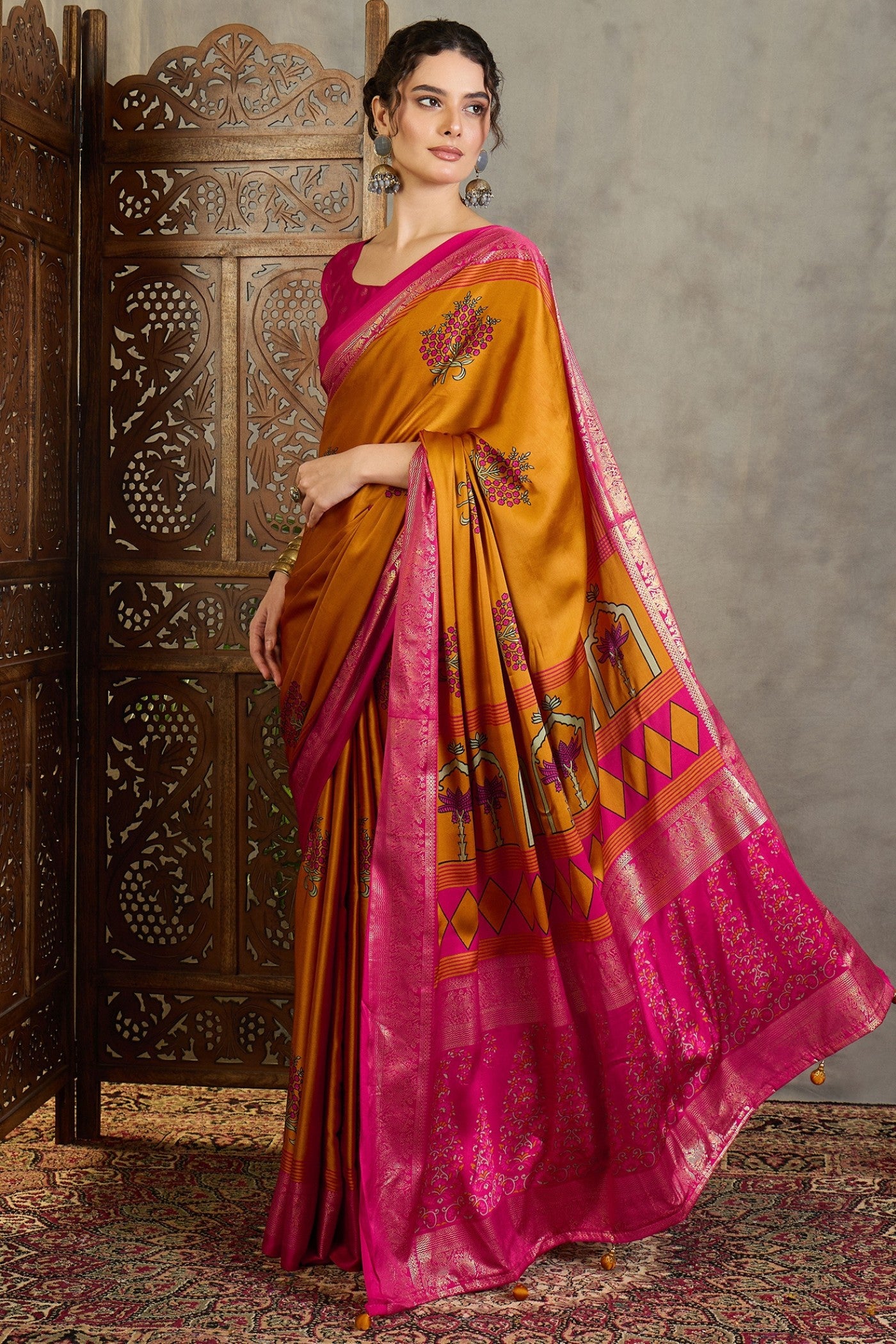 Buy MySilkLove Sunspill Yellow and Pink Printed Satin Crepe Silk Saree Online