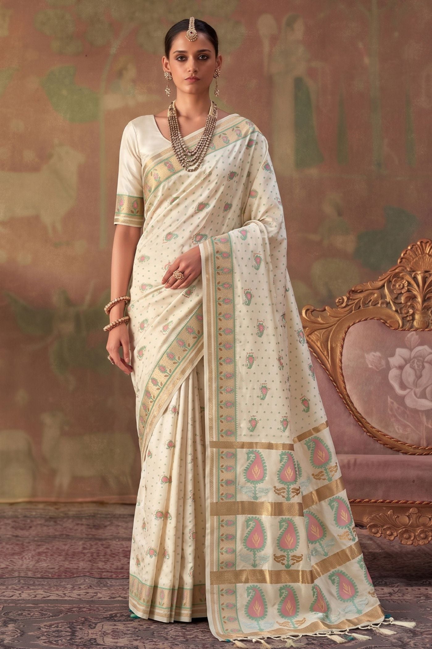 Buy MySilkLove Pearl White Woven Banarasi Soft Silk Saree Online