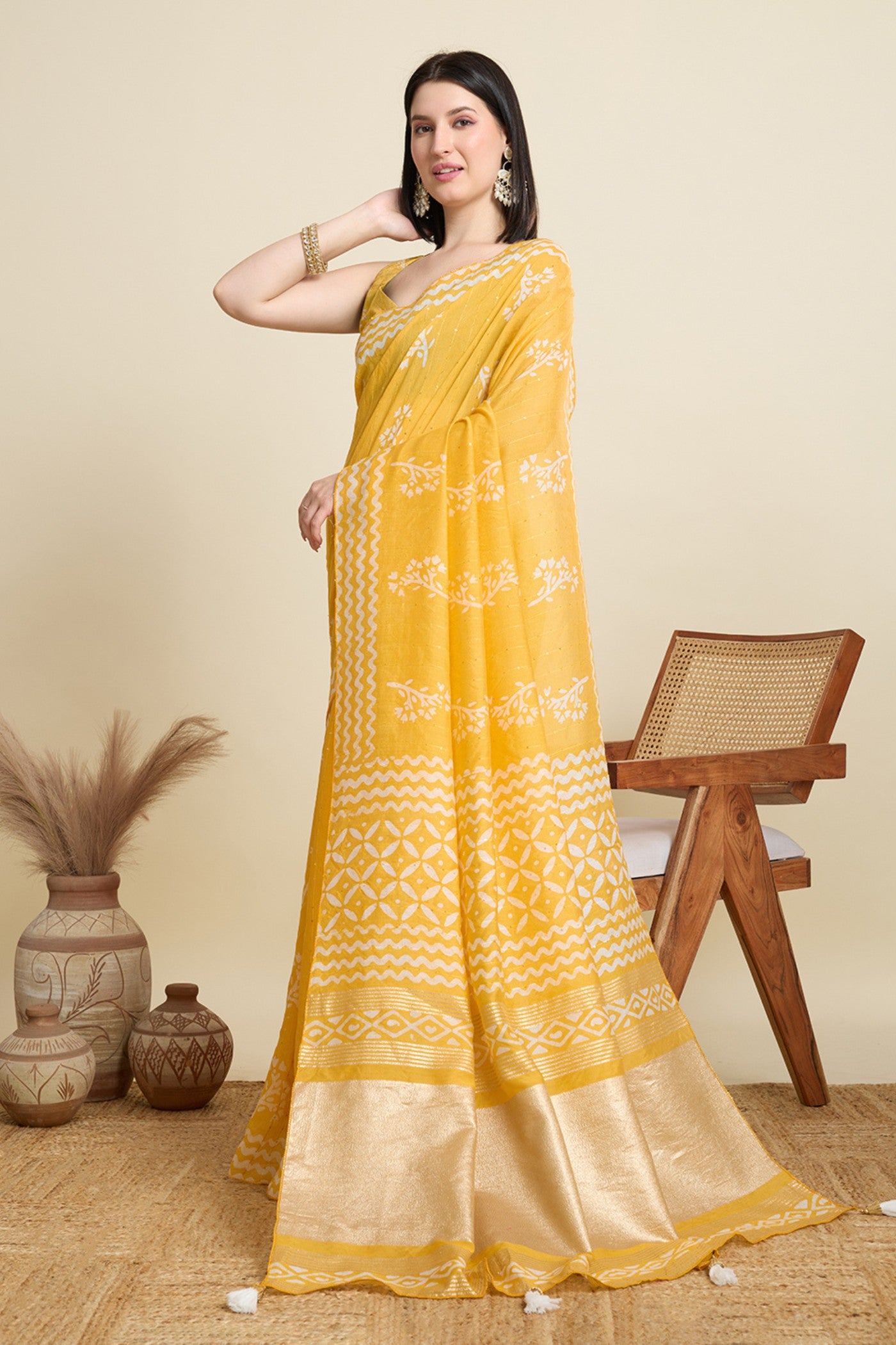 Buy MySilkLove Lemon Yellow Woven Cotton Silk Saree Online