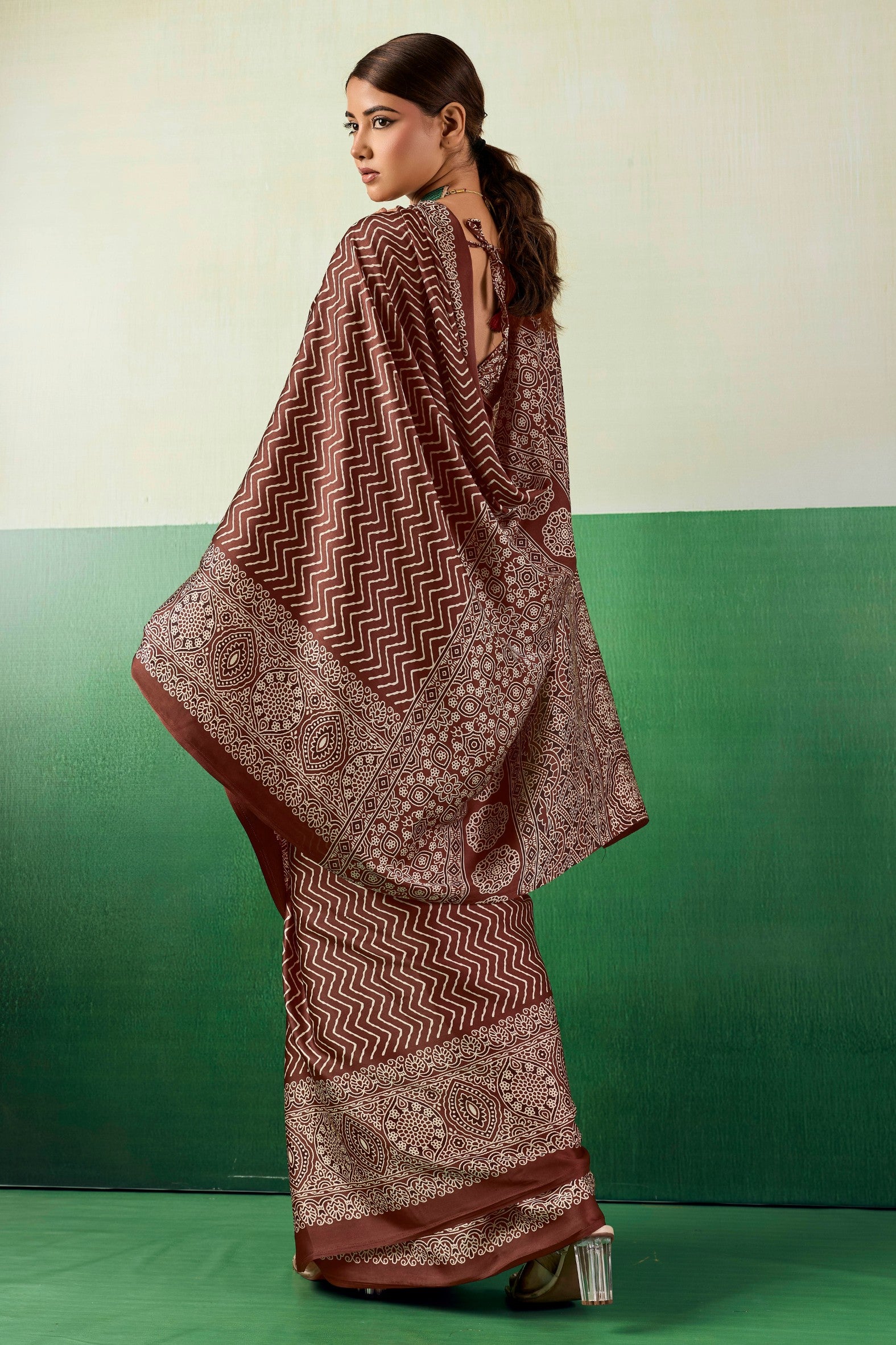 Buy MySilkLove Mulberry Maroon Modal Ajrakh Satin Printed Silk Saree Online