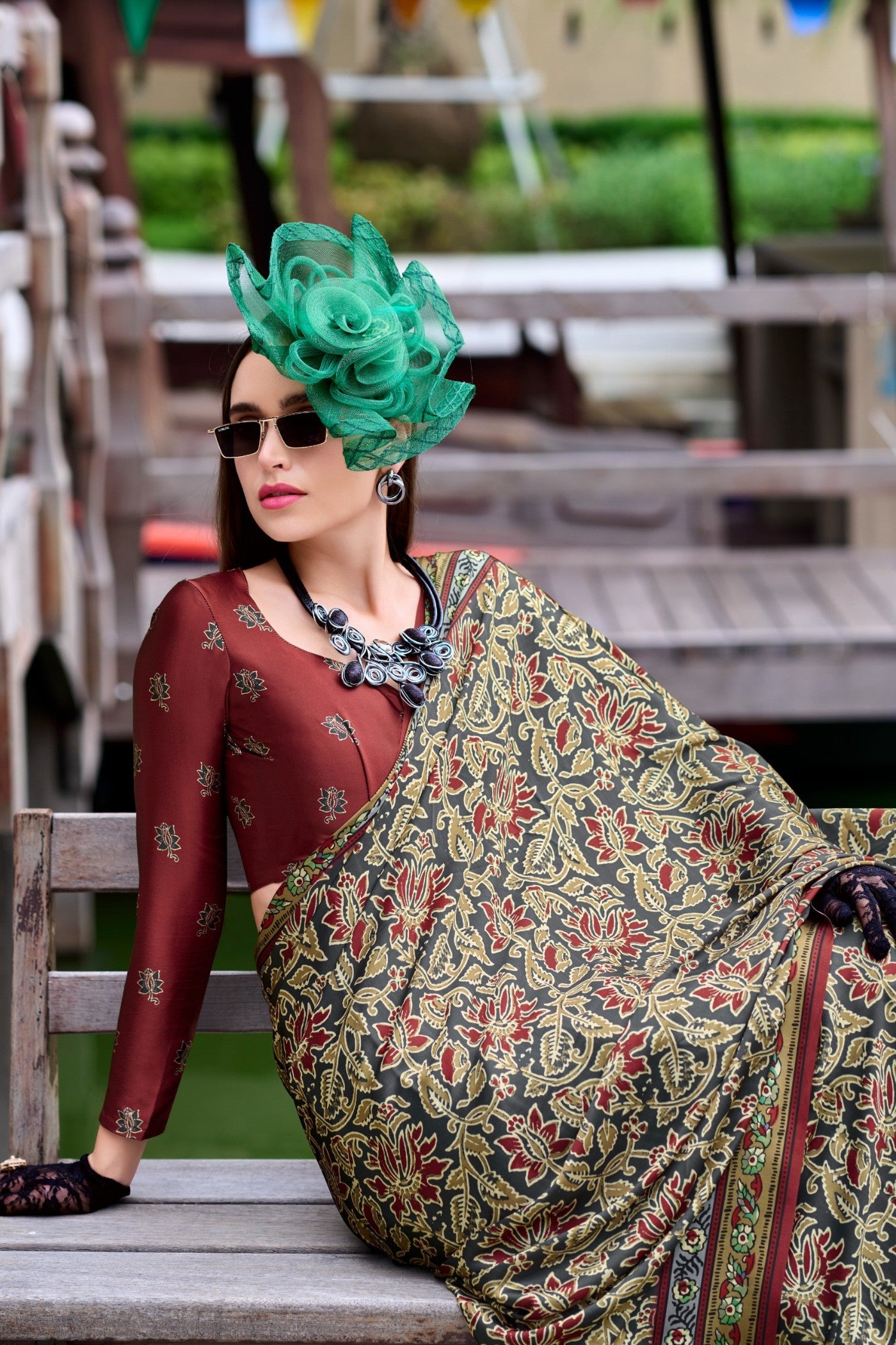 Buy MySilkLove Seaweed Green Ajrakh Printed Satin Crepe Silk Saree Online