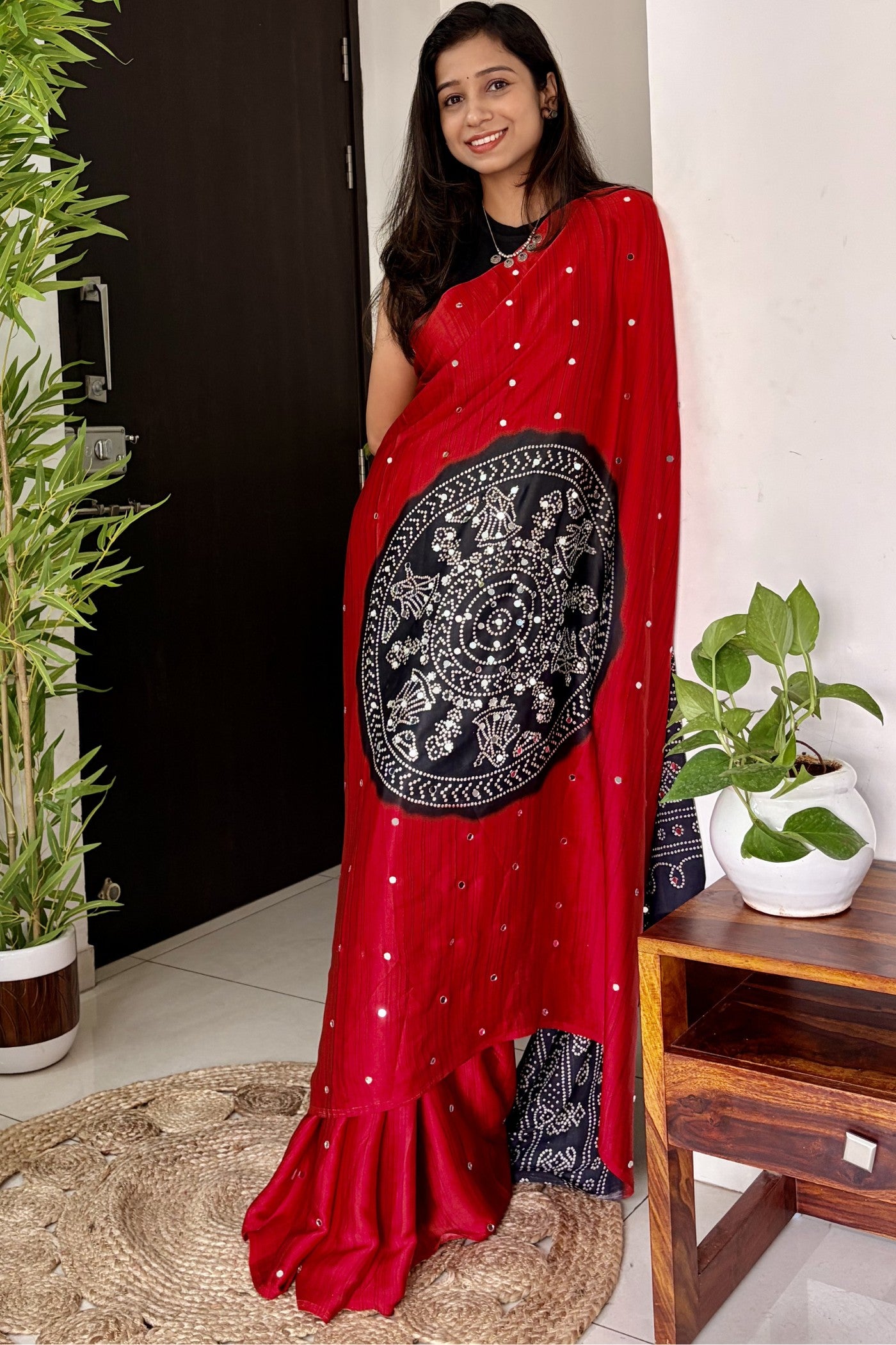 Buy MySilkLove Ruby Red and Black Gaji Bandej Satin Soft Silk Saree Online