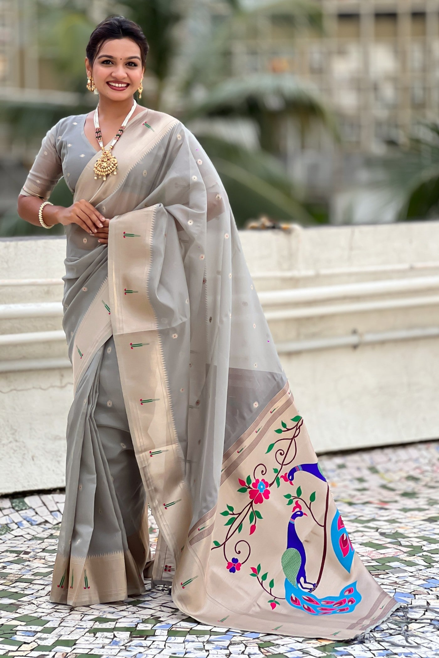 Buy MySilkLove Steel Grey Organza Woven Paithani Saree Online