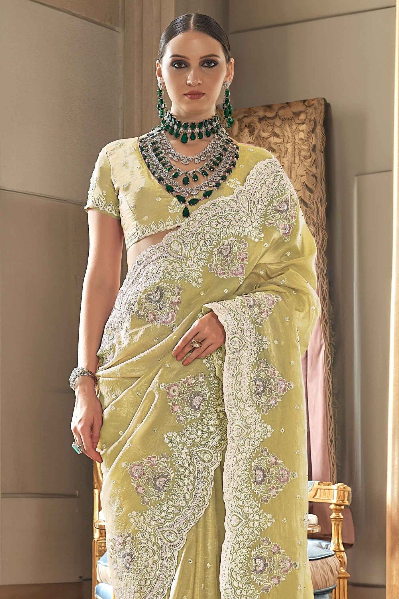 Buy MySilkLove Cape Honey Yellow Embroidery Designer Saree Online