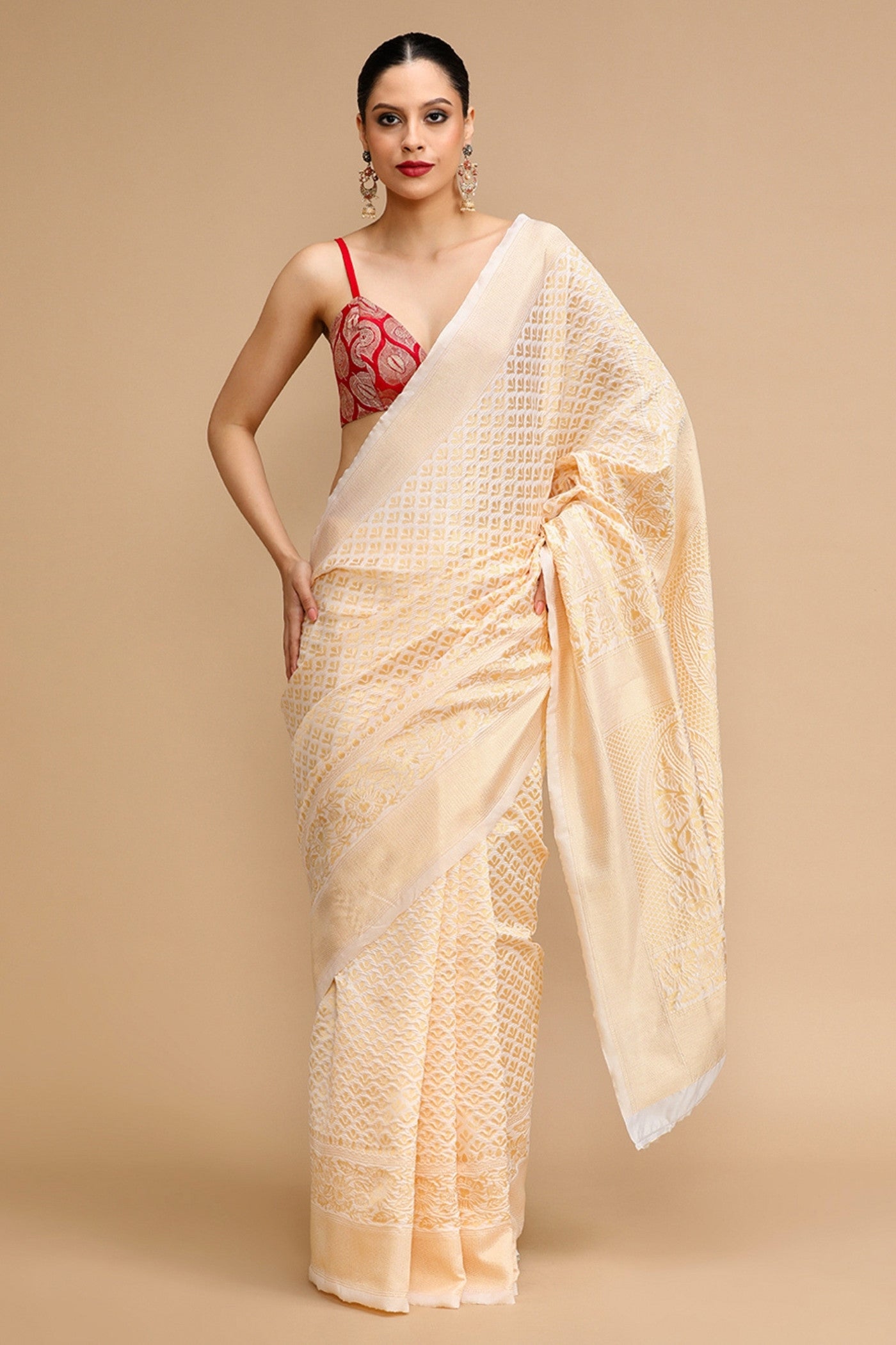 Buy MySilkLove Almond Cream Woven Jacquard Lichi Silk Saree Online