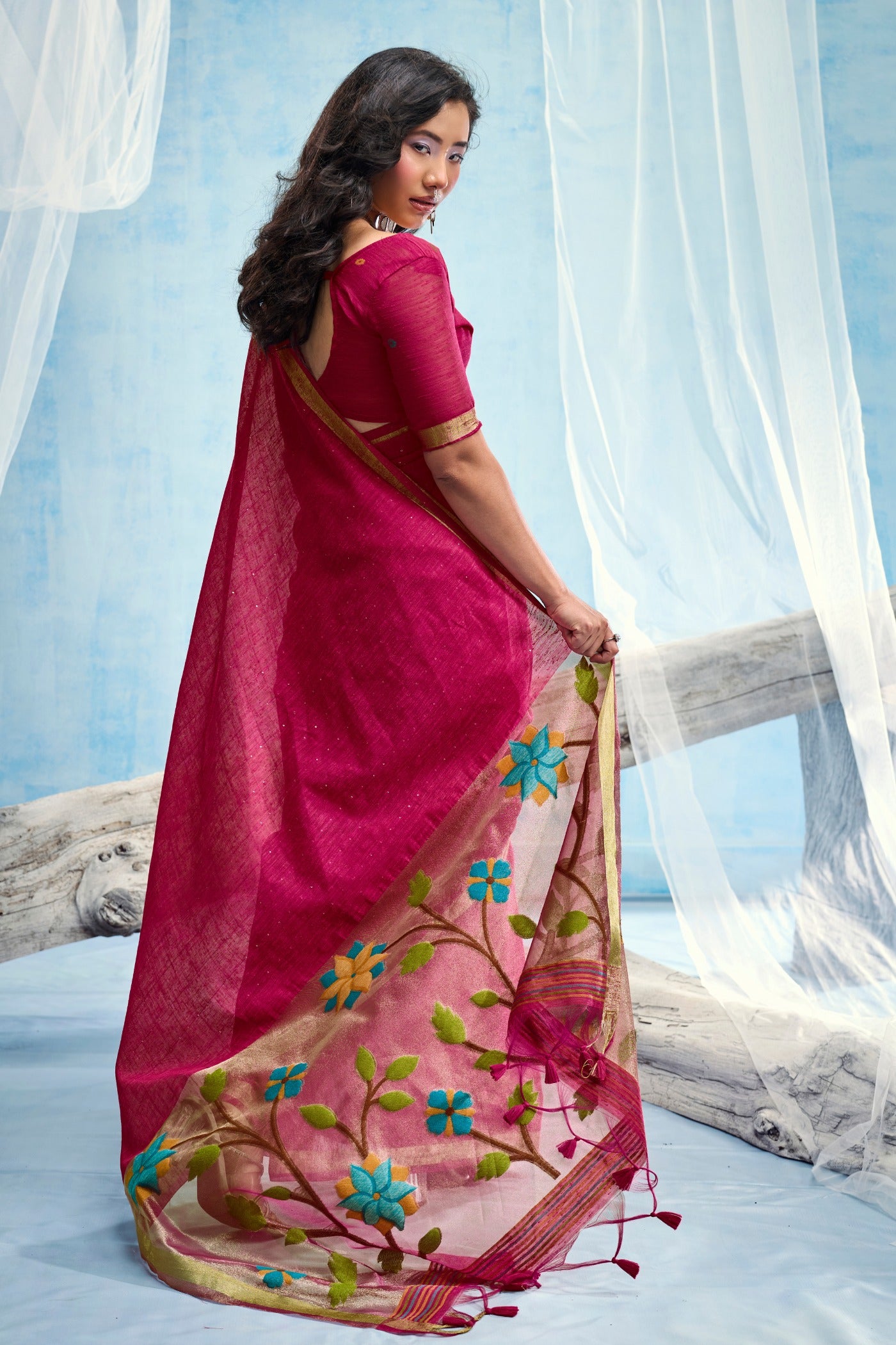 Buy MySilkLove French Maroon Munga Handloom Tissue Pallu Saree Online