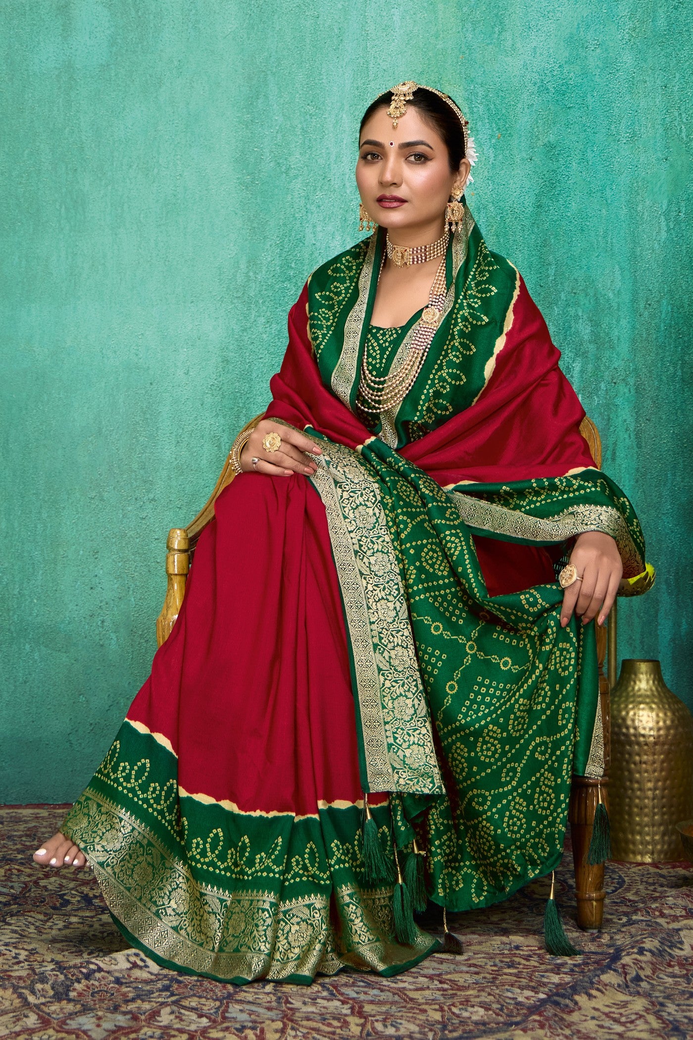 Buy MySilkLove Garnet Red Tussar Bandhani Silk Saree Online