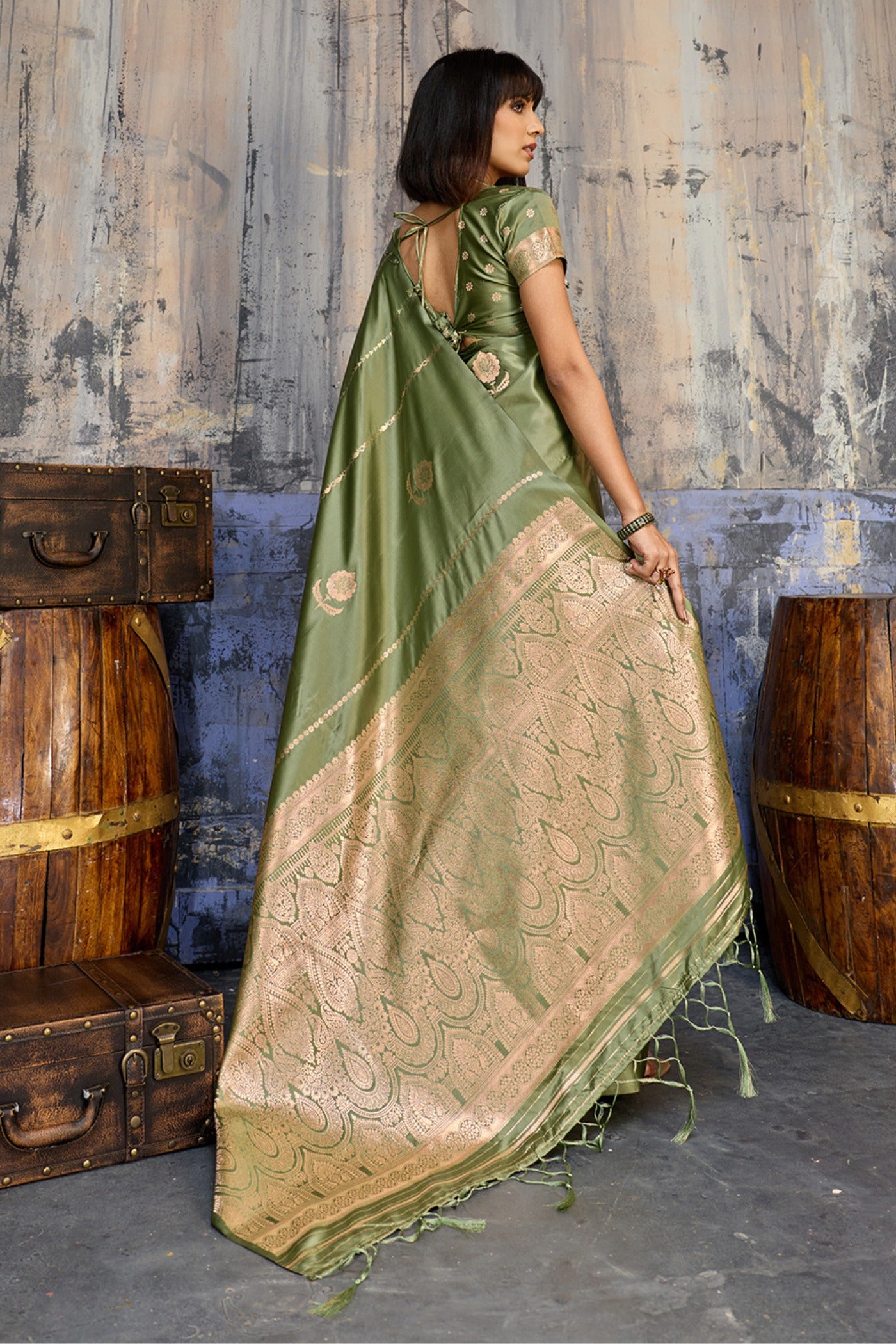 Buy MySilkLove Olive Green Handloom Satin Silk Saree Online